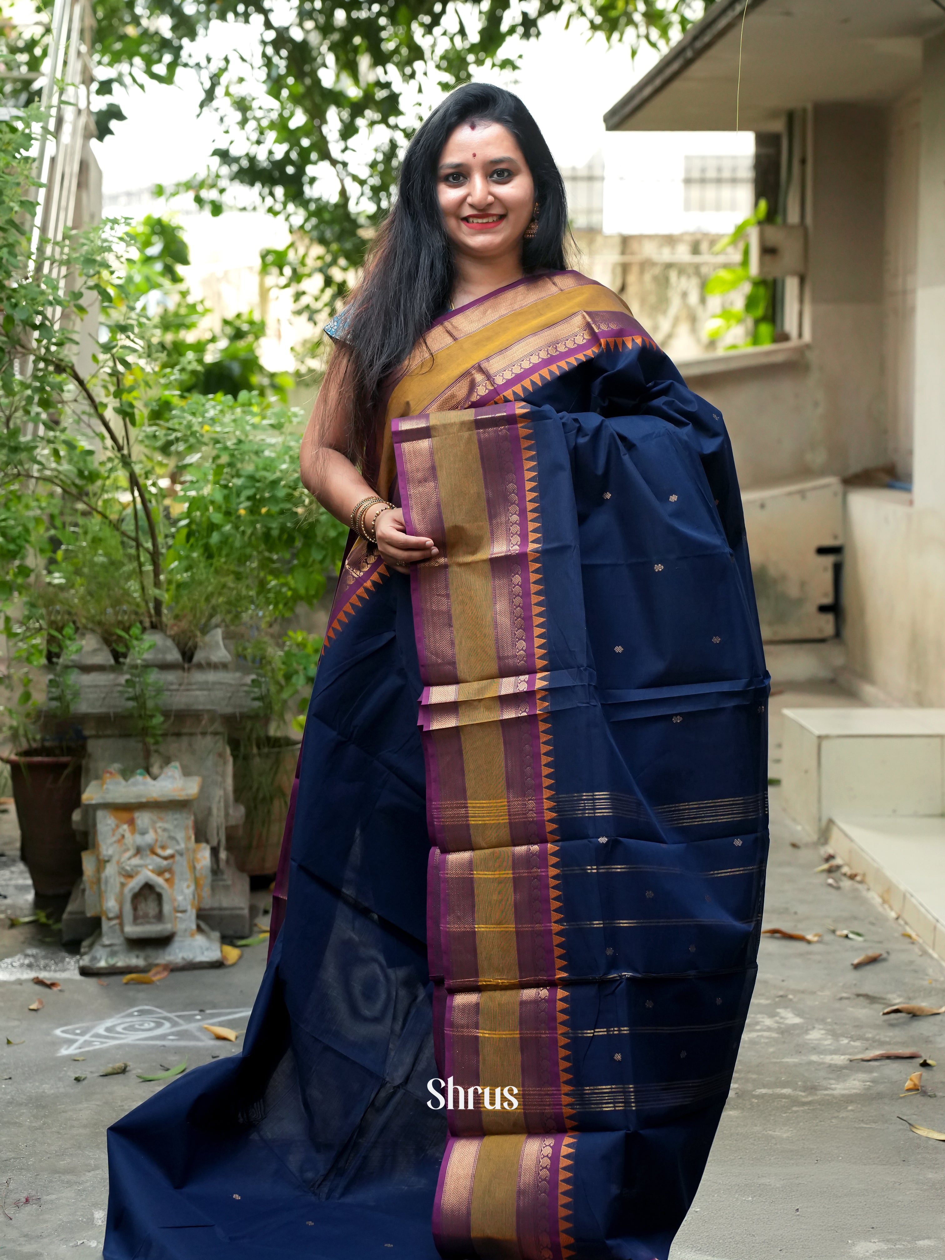 Blue & Purple - Chettinad Cotton Saree - Shop on ShrusEternity.com