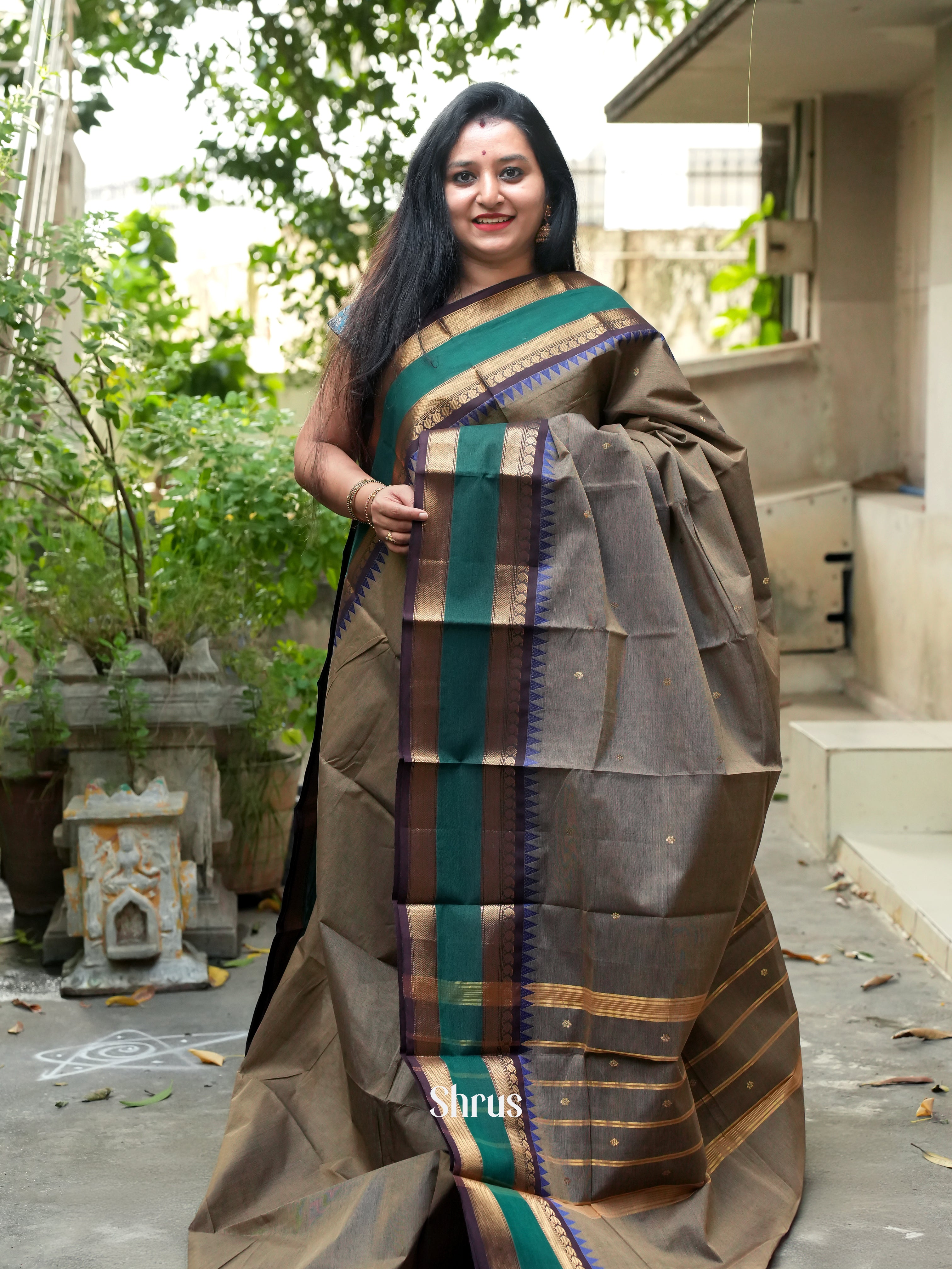 Grey & Brown - Chettinad Cotton Saree - Shop on ShrusEternity.com