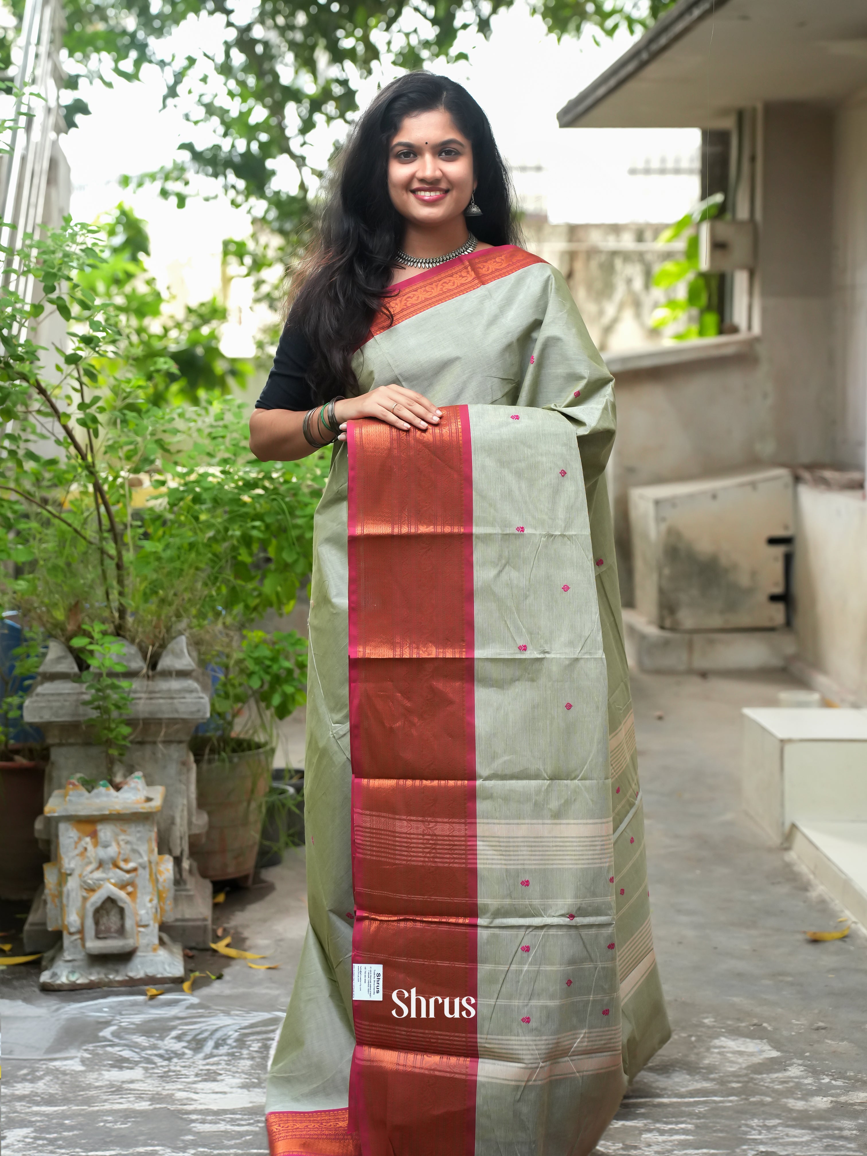 Elachi Green & Maroon -Chettinad Cotton Saree - Shop on ShrusEternity.com