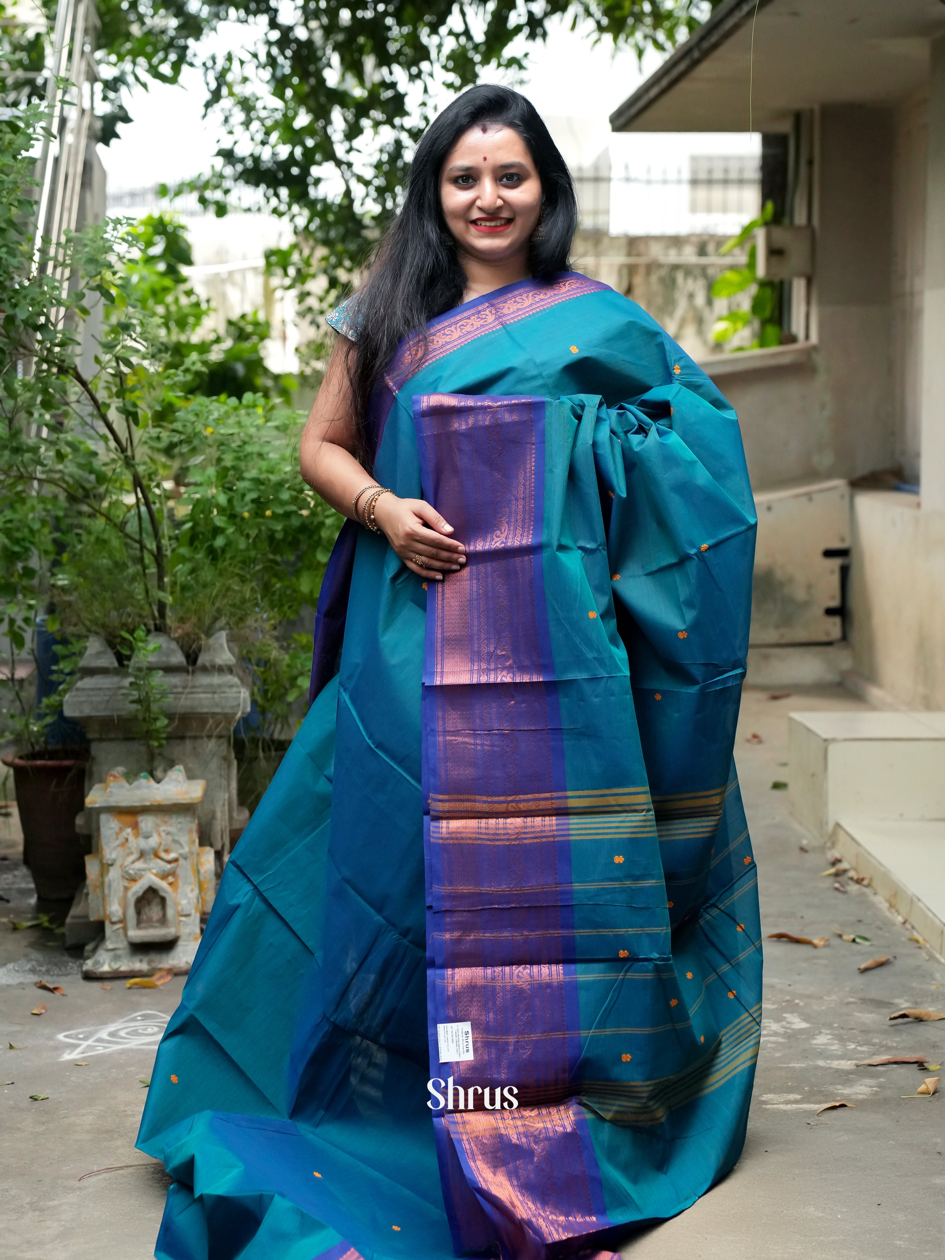 Teal & Blue - Chettinad Cotton Saree - Shop on ShrusEternity.com