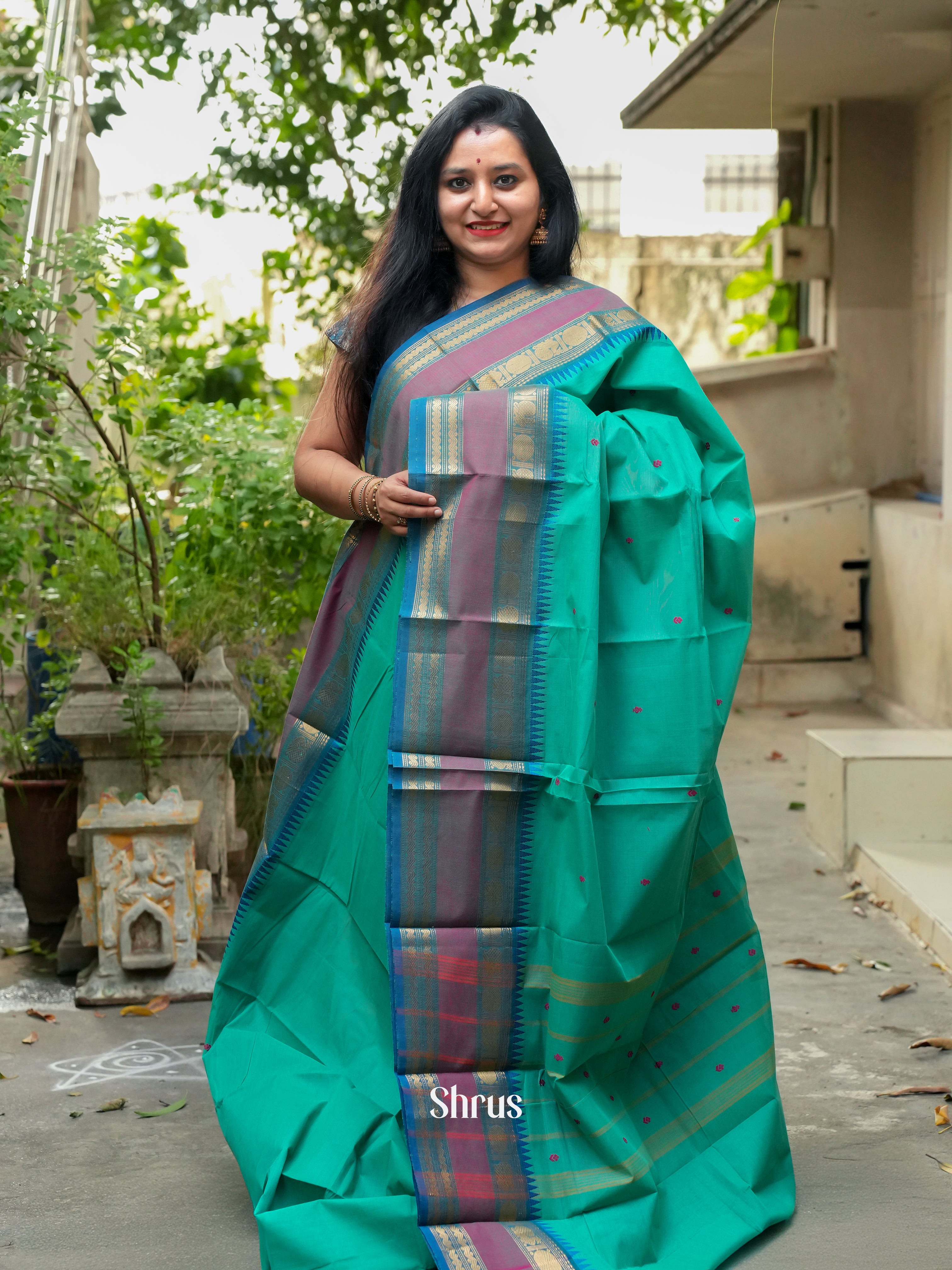 Teal Green & Blue- Chettinad Cotton Saree - Shop on ShrusEternity.com