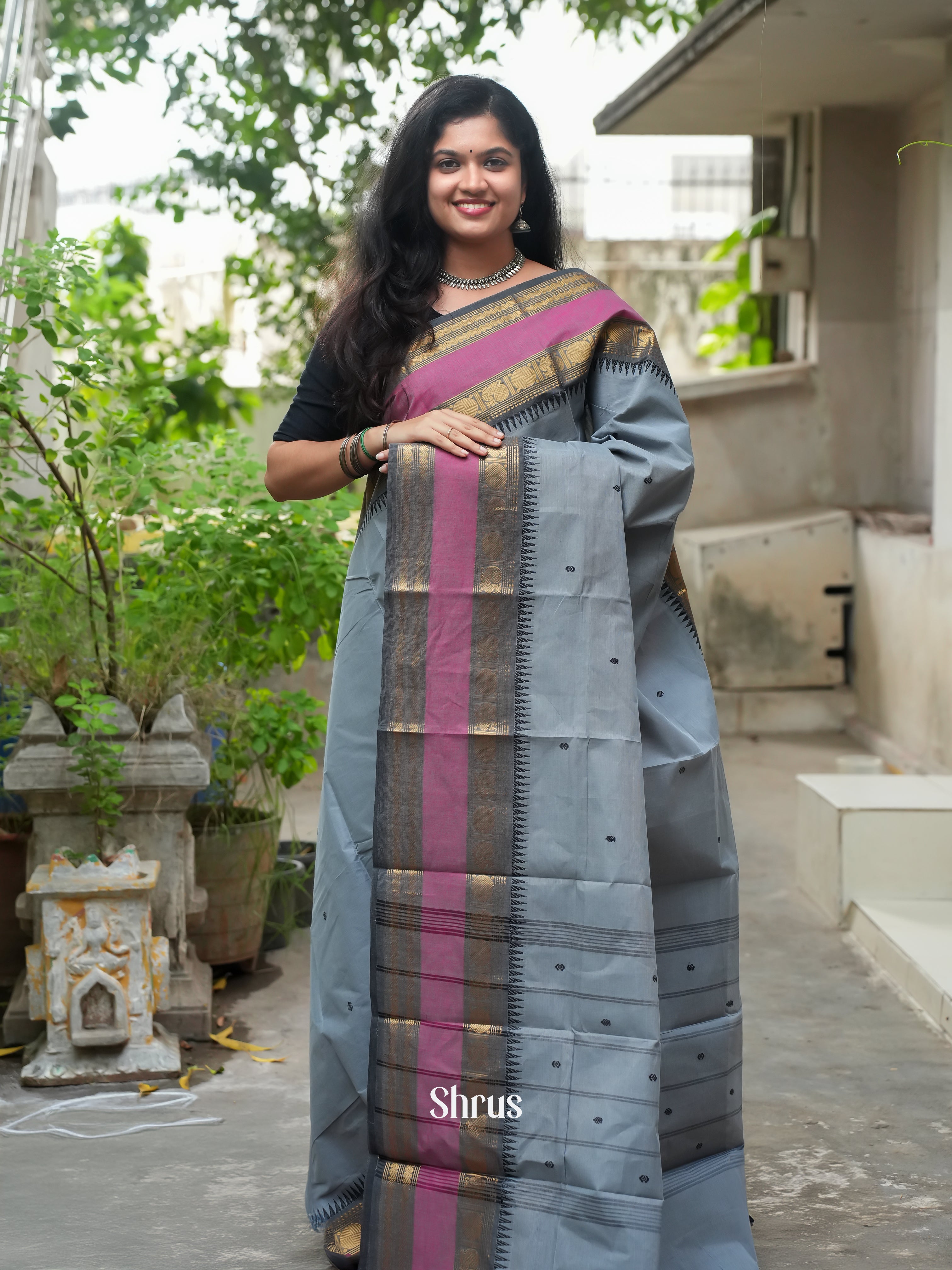 Grey & Pink -Chettinad Cotton Saree - Shop on ShrusEternity.com