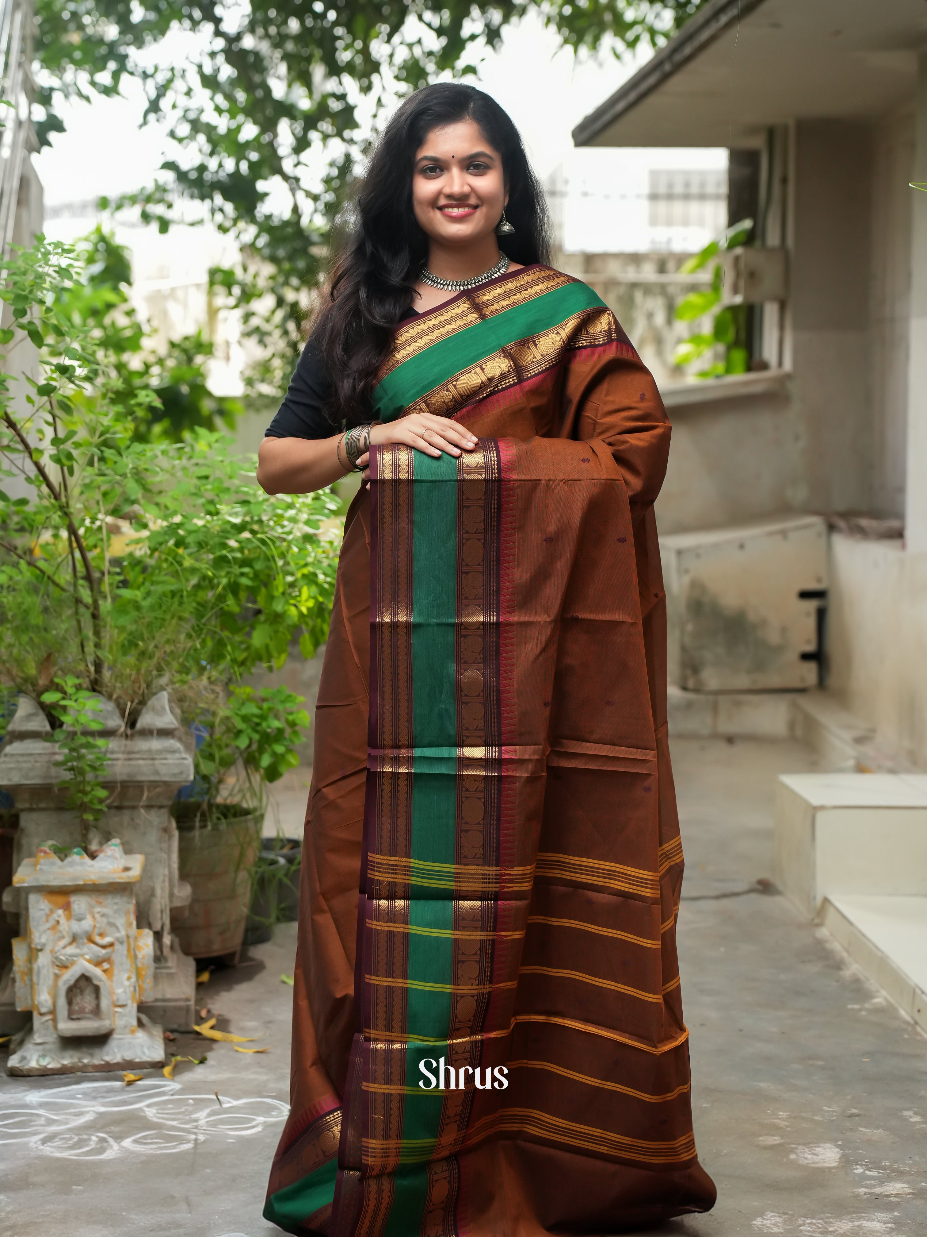 Brown & Green - Chettinad Cotton Saree - Shop on ShrusEternity.com