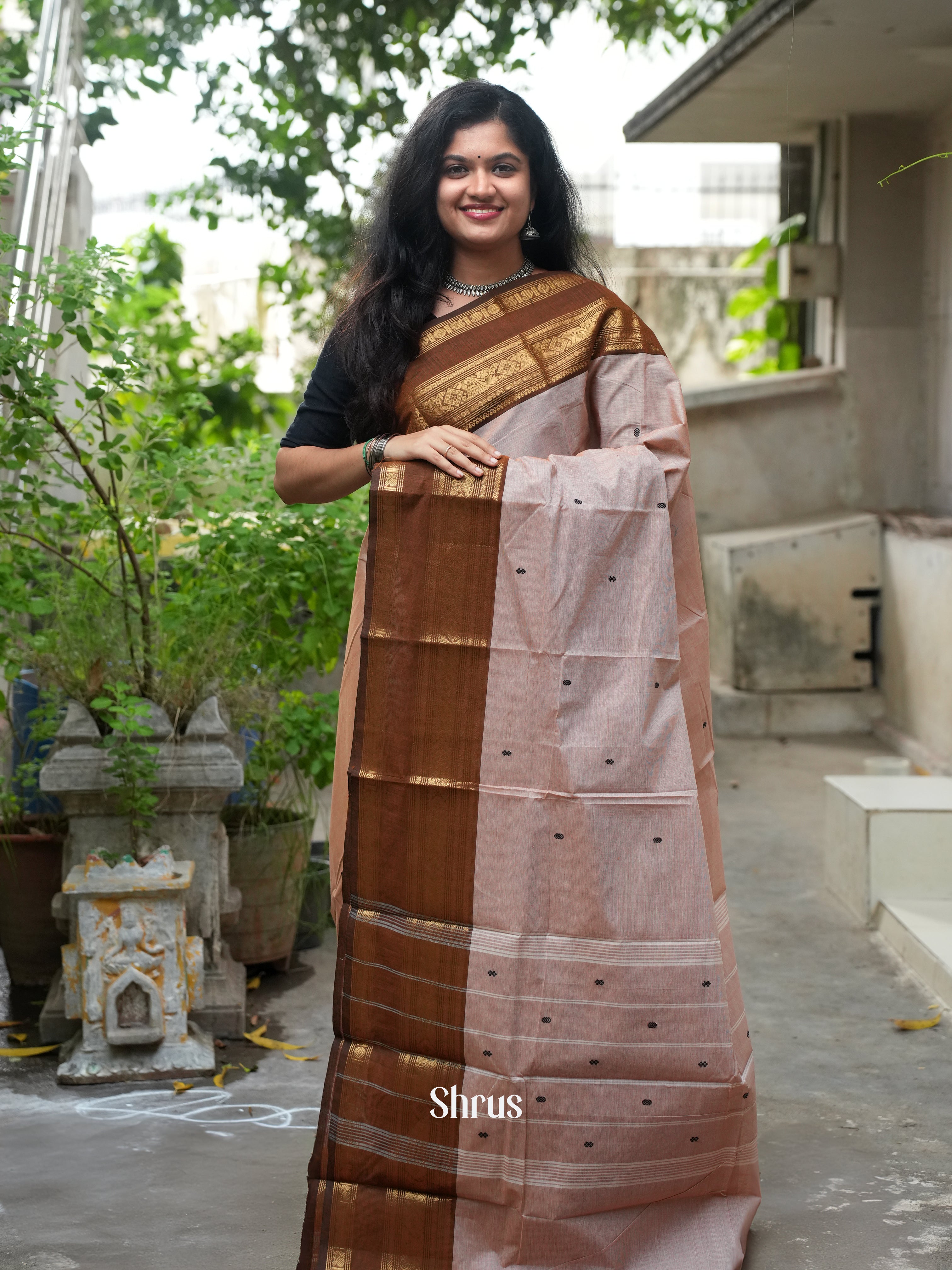 Dusty Pink & Brown - Chettinad Cotton Saree - Shop on ShrusEternity.com