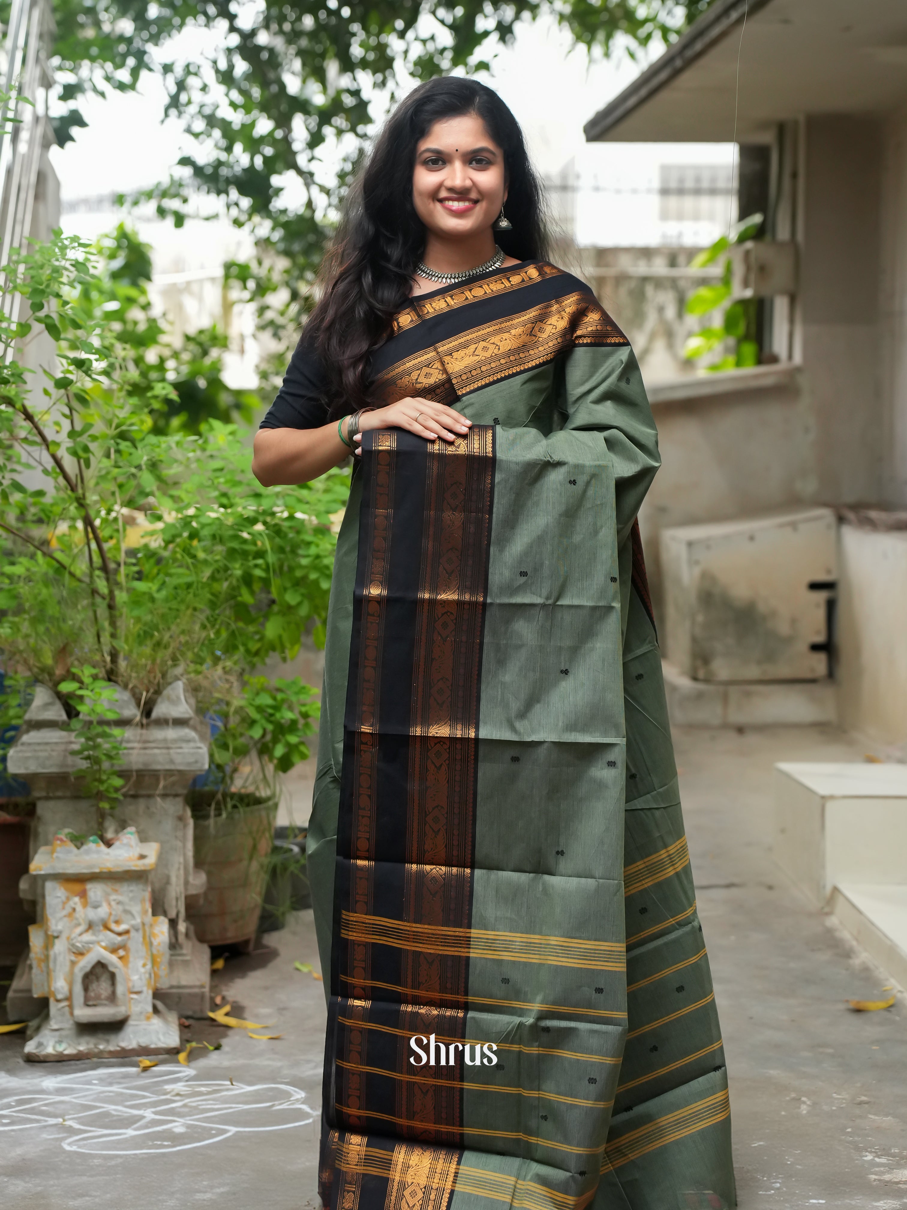 Grey Green & Black -Chettinad Cotton Saree - Shop on ShrusEternity.com