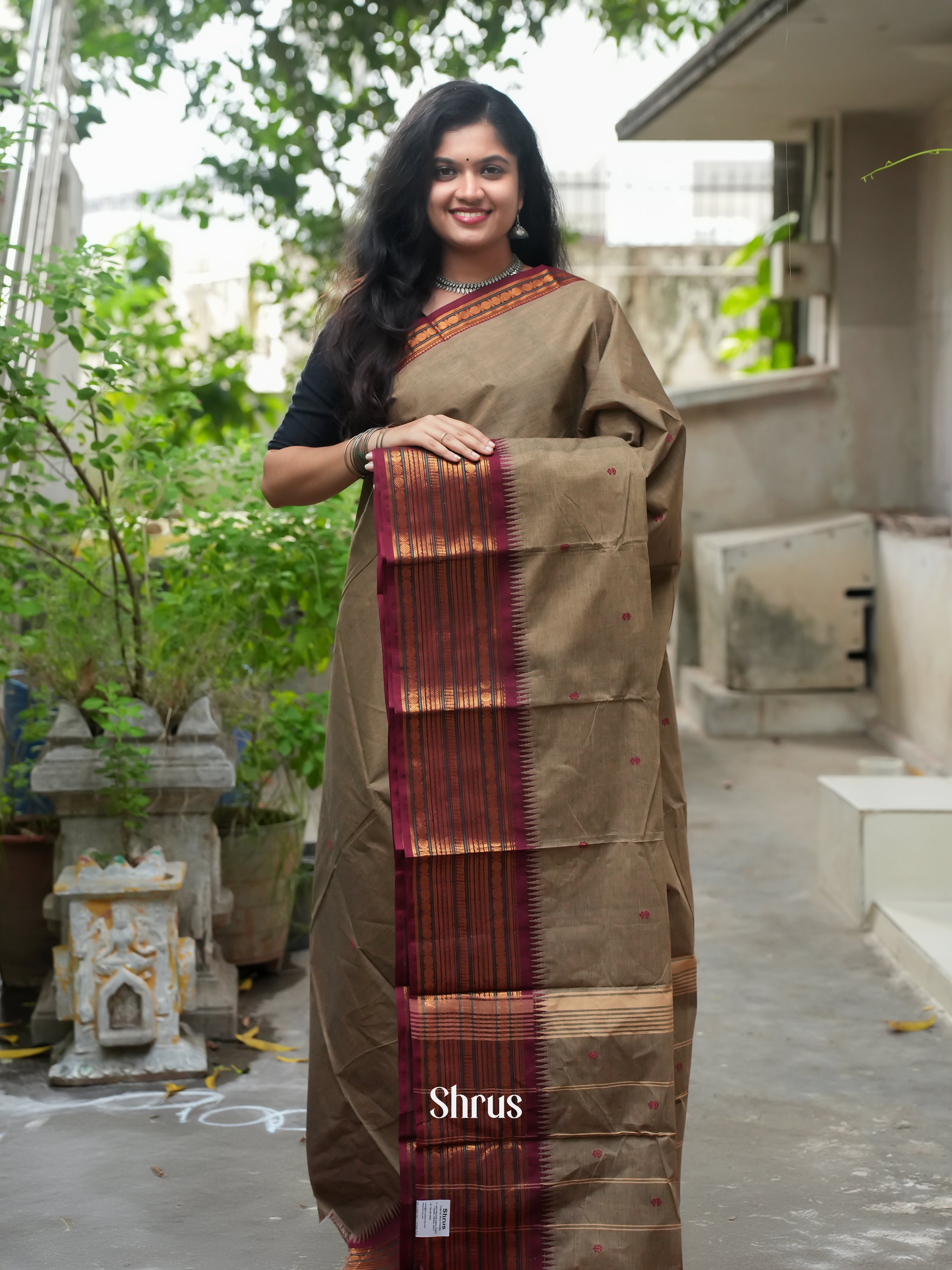 Grey & Brown -Chettinad Cotton Saree - Shop on ShrusEternity.com