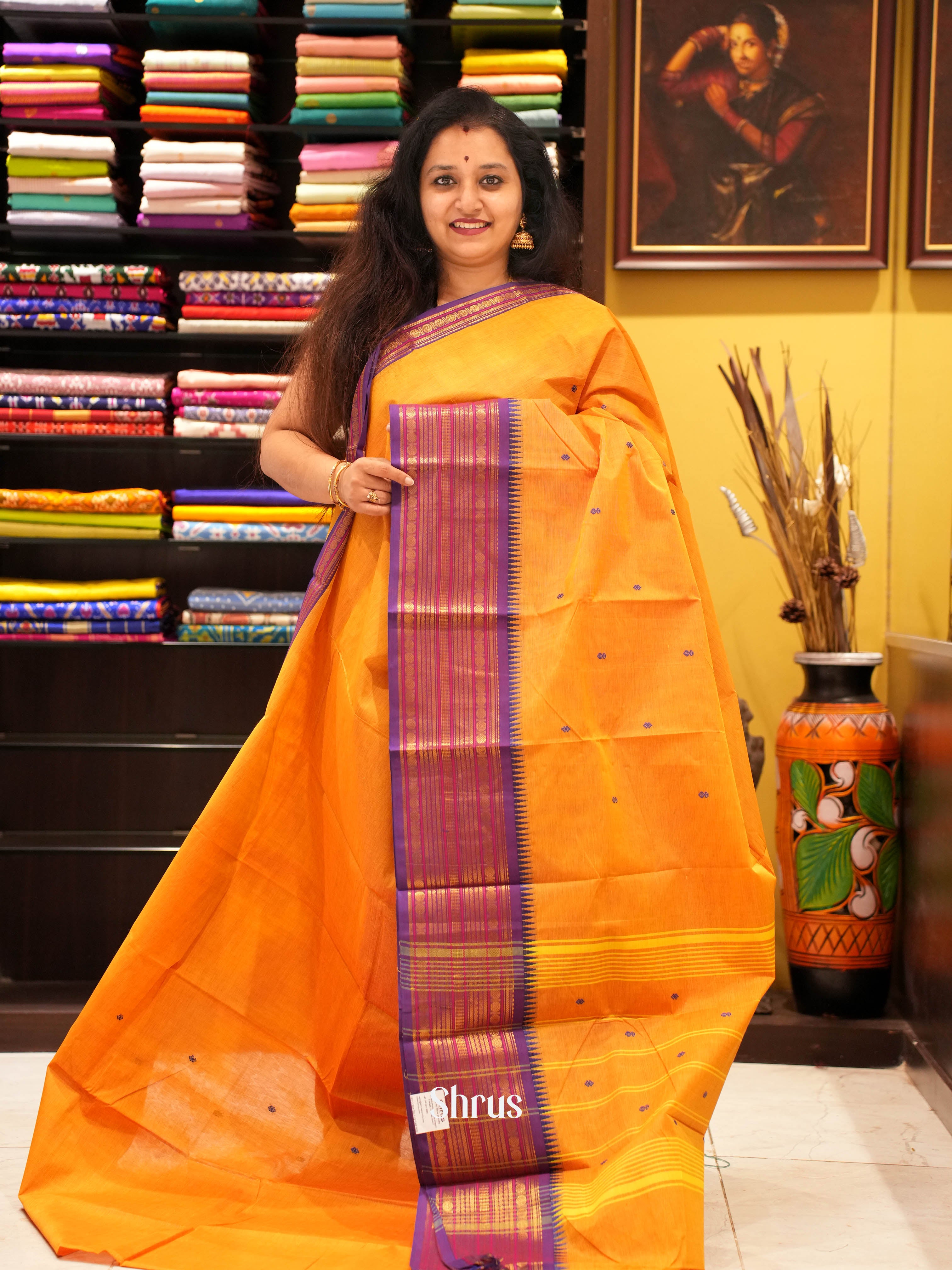 Mustard & Purple- Chettinad Cotton Saree - Shop on ShrusEternity.com