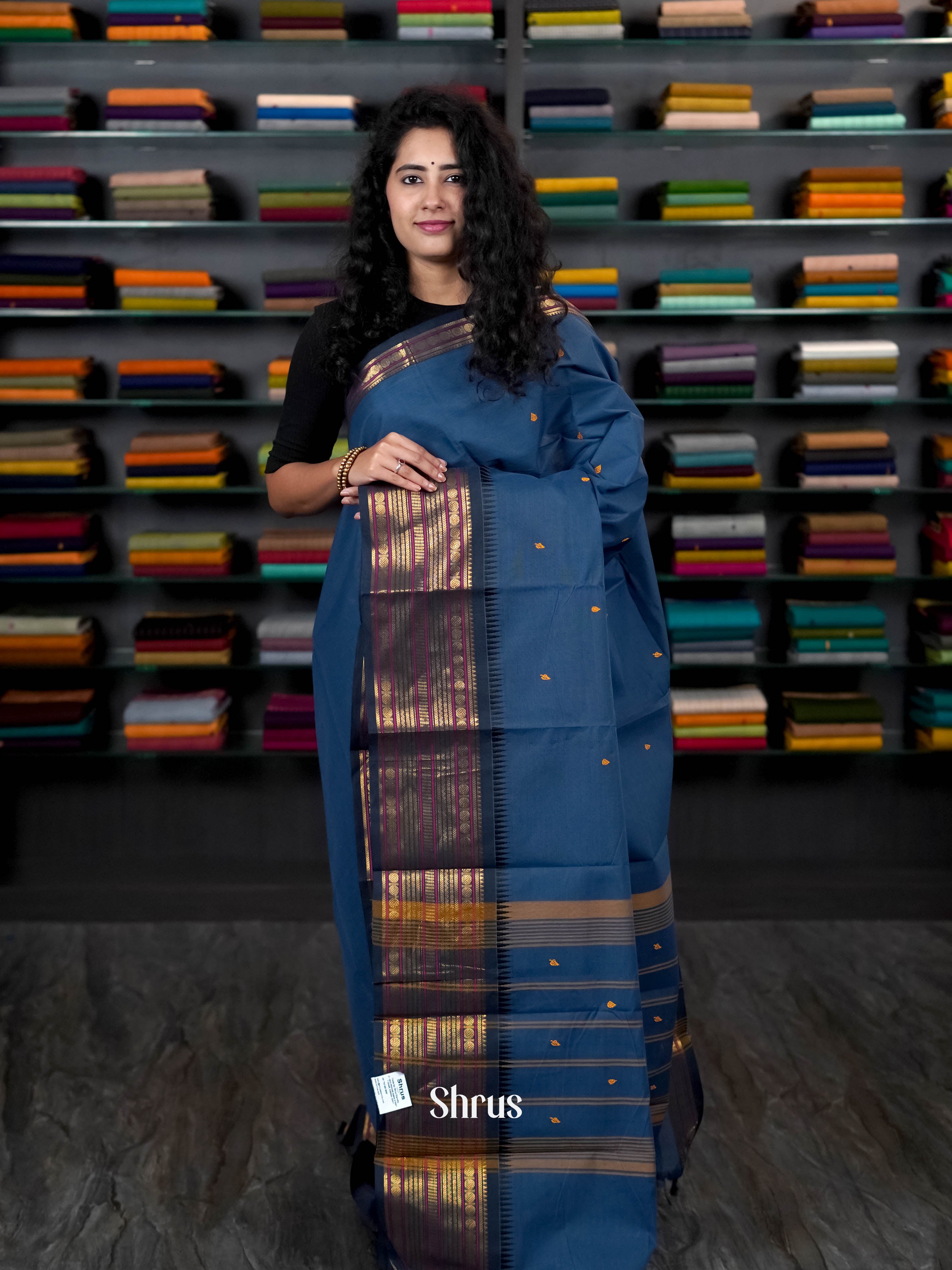 Grey & Navy Blue - Chettinad Cotton Saree - Shop on ShrusEternity.com