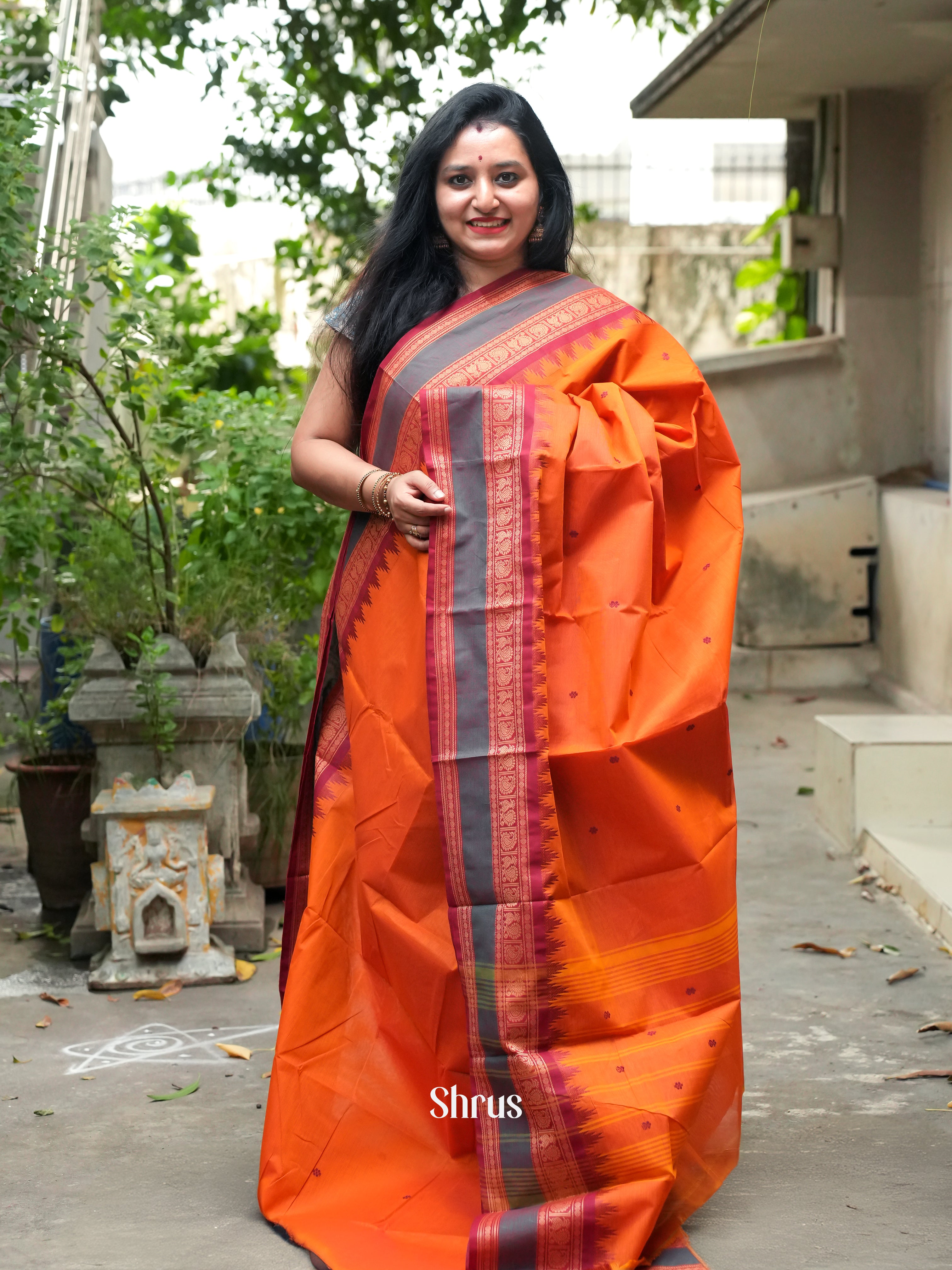 Orange & Red- Chettinad Cotton Saree - Shop on ShrusEternity.com
