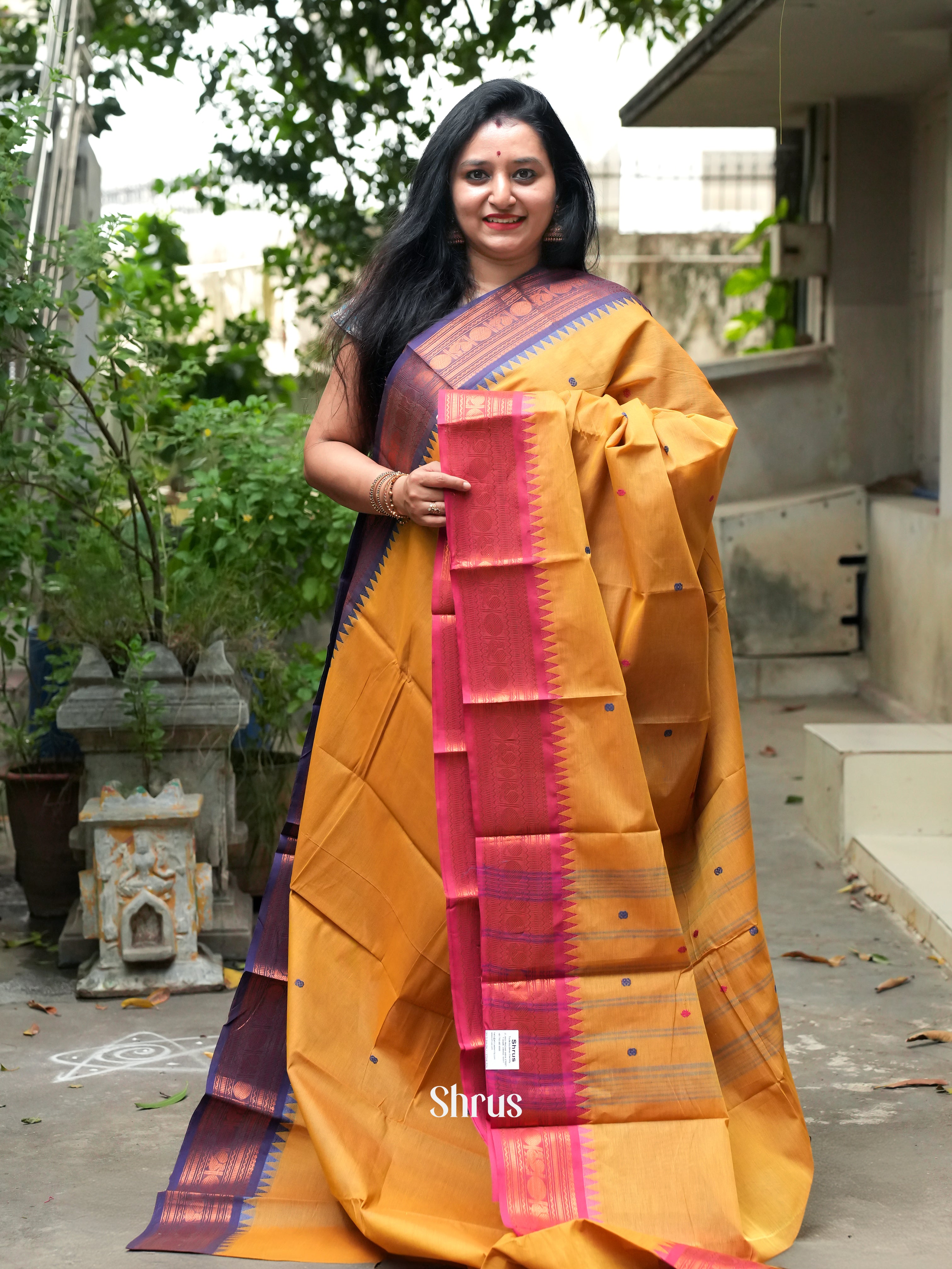 Mustard & Pink - Chettinad Cotton Saree - Shop on ShrusEternity.com