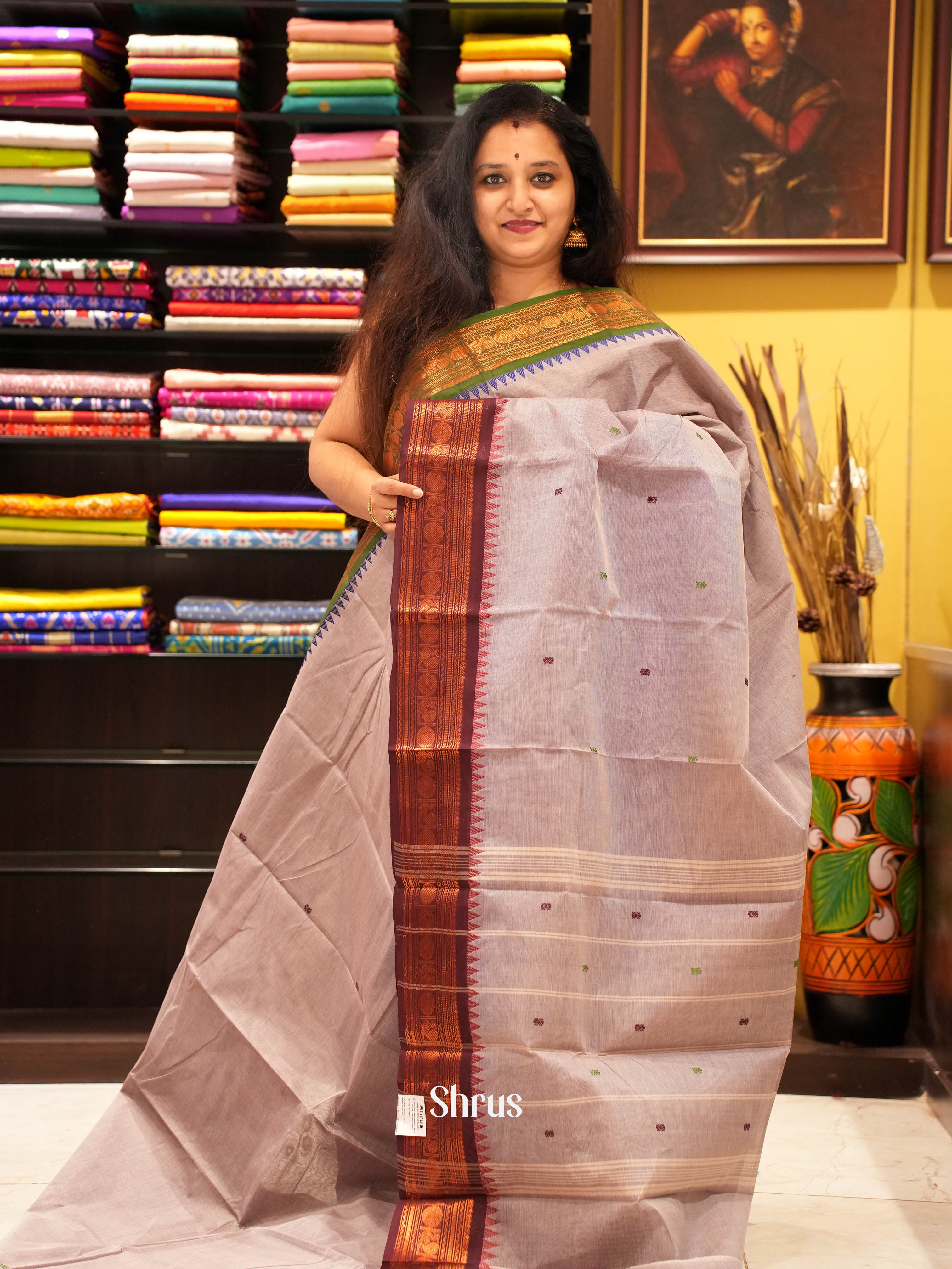 Grey & Maroon - Chettinad Cotton Saree - Shop on ShrusEternity.com