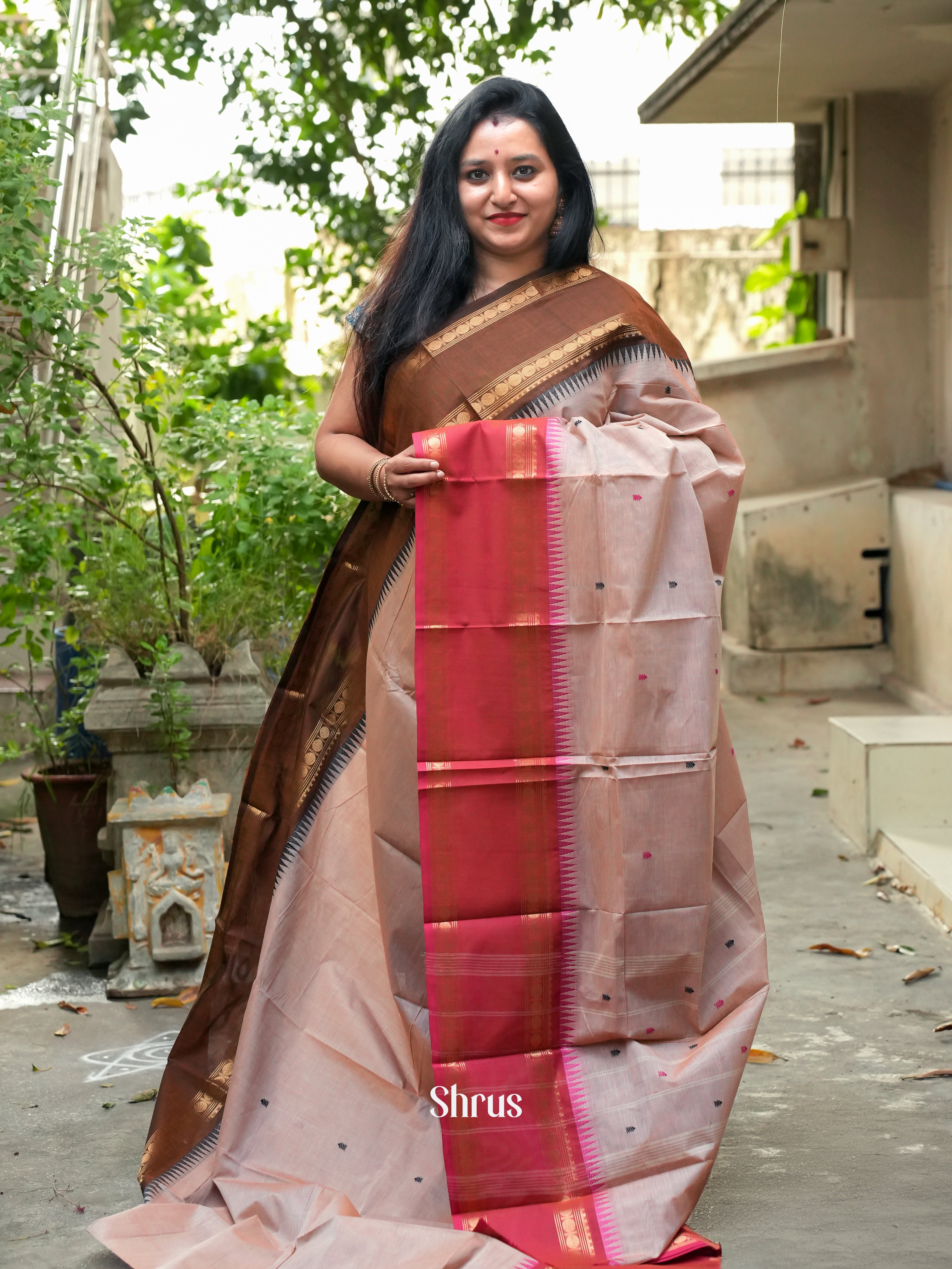 Dusty Pink & Brown - Chettinad Cotton Saree - Shop on ShrusEternity.com