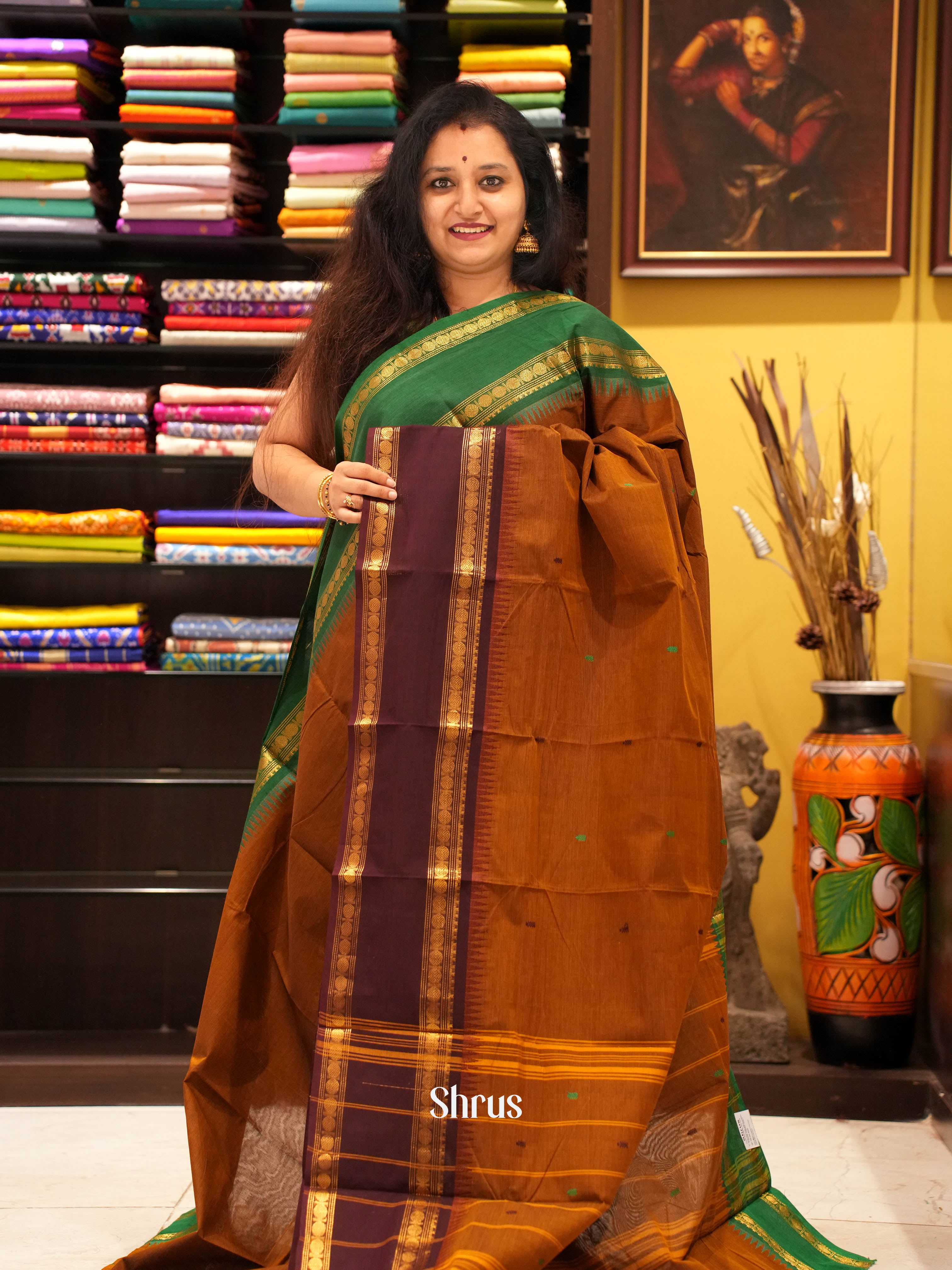 Brown & Green - Chettinad Cotton Saree - Shop on ShrusEternity.com