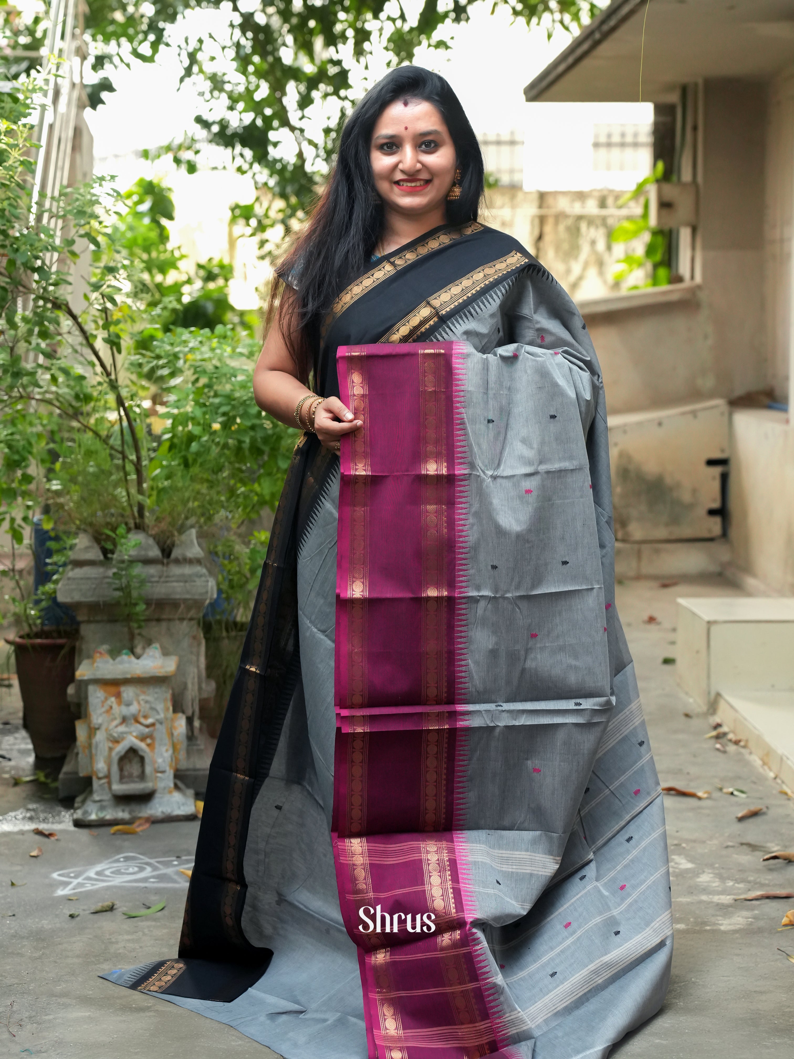 Grey & Green - Chettinad Cotton Saree - Shop on ShrusEternity.com