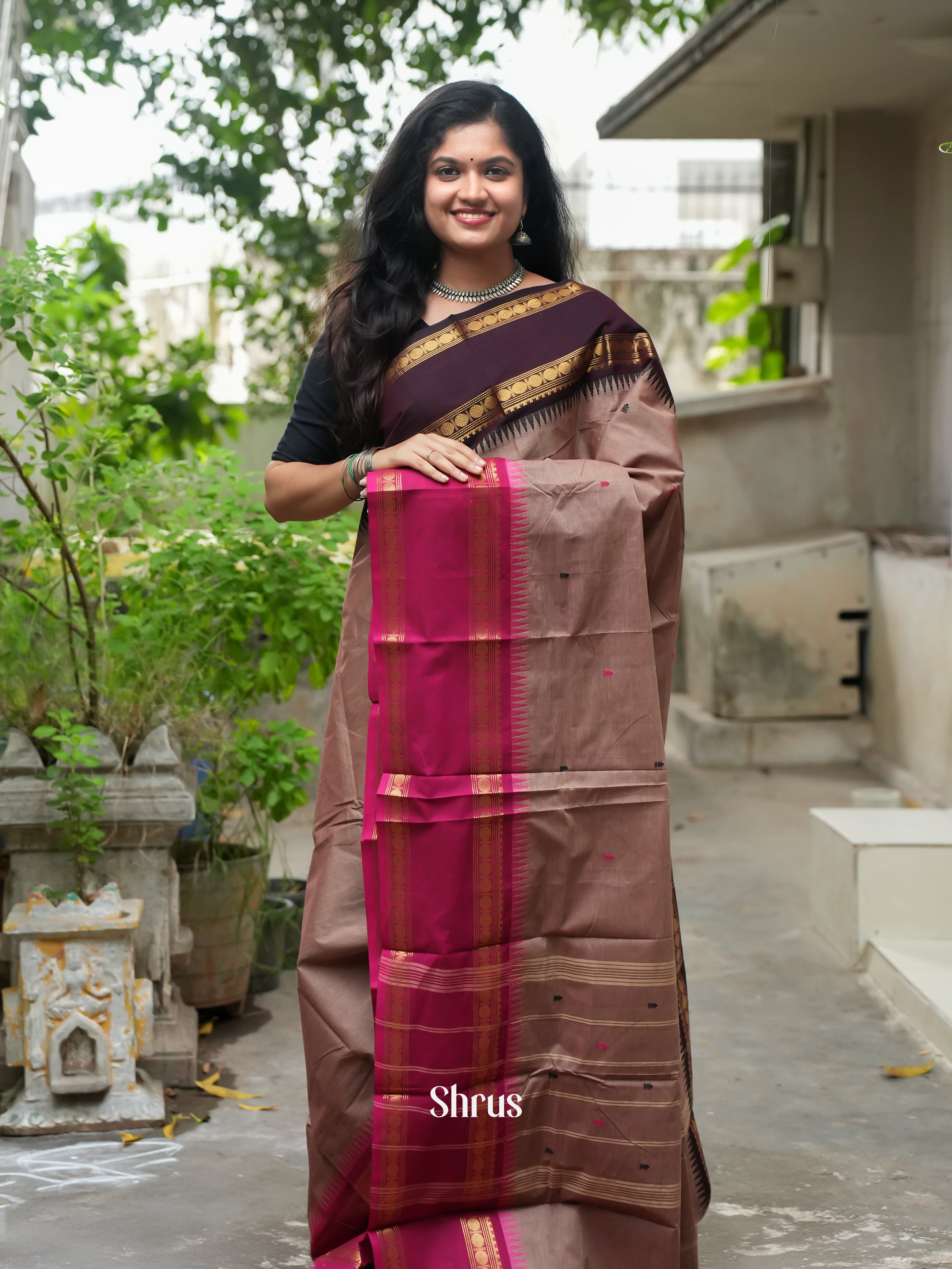 Brown & Red -Chettinad Cotton Saree - Shop on ShrusEternity.com