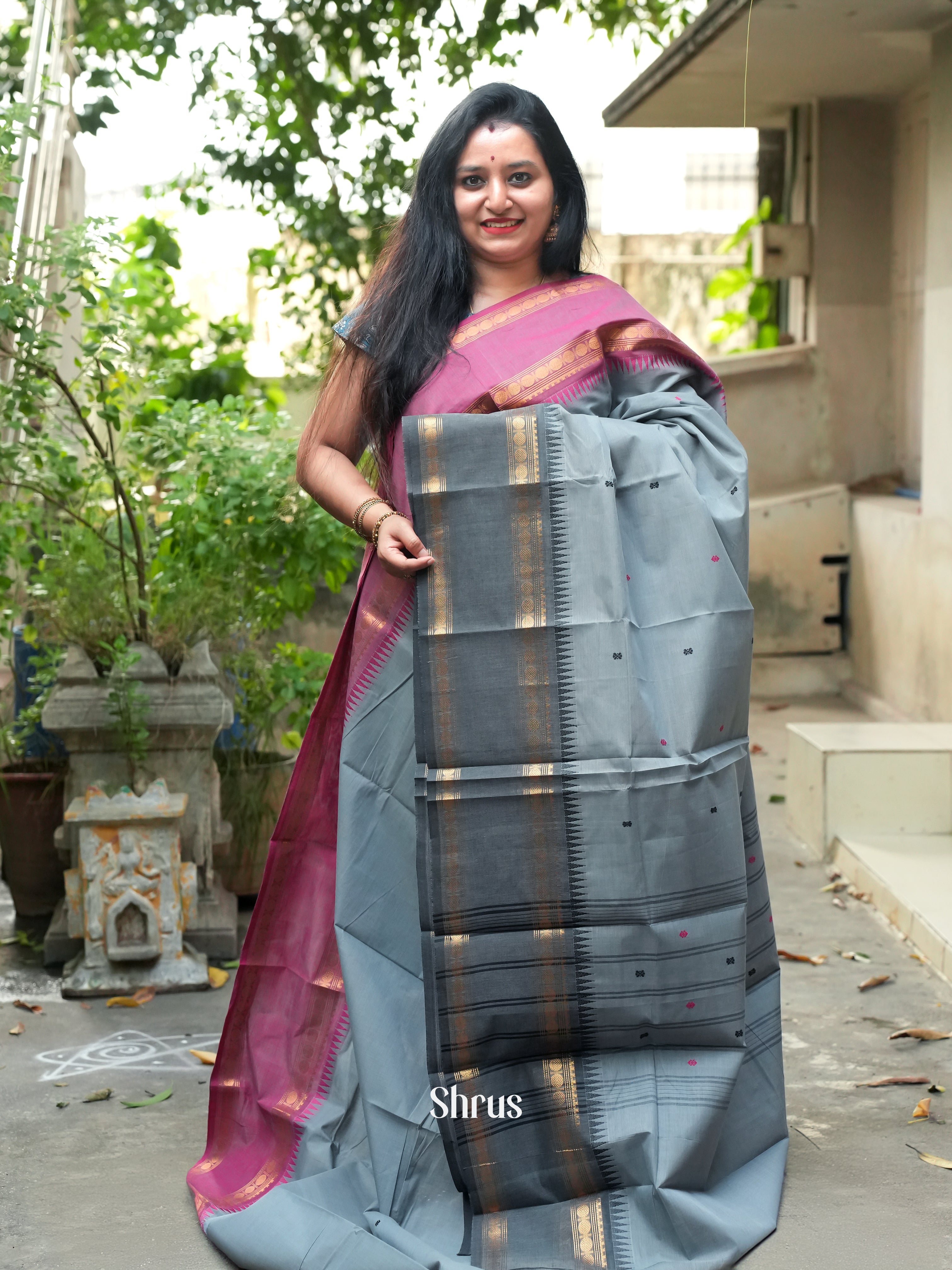 Grey & Purple - Chettinad Cotton Saree - Shop on ShrusEternity.com