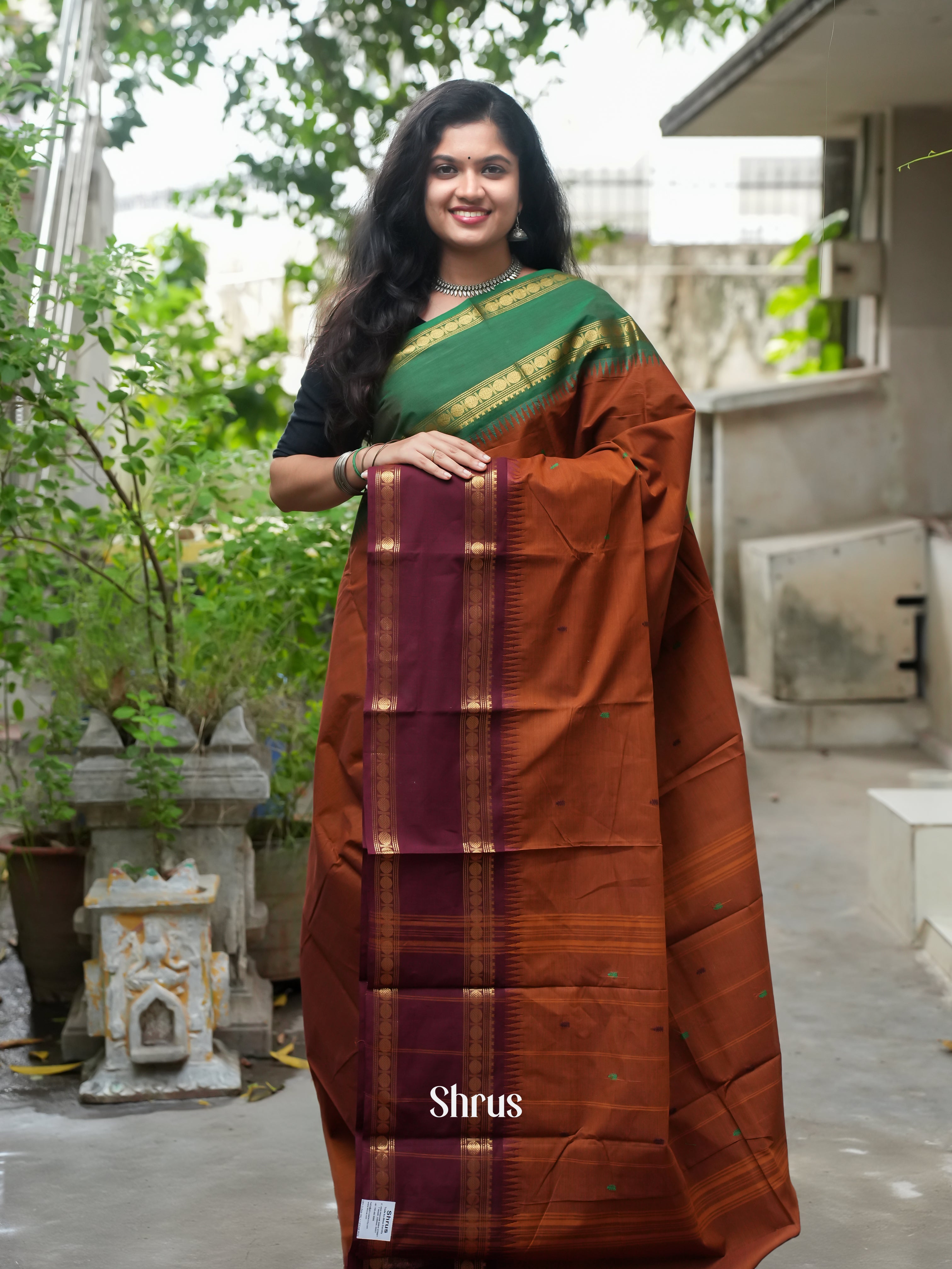 Brown & Green -Chettinad Cotton Saree - Shop on ShrusEternity.com