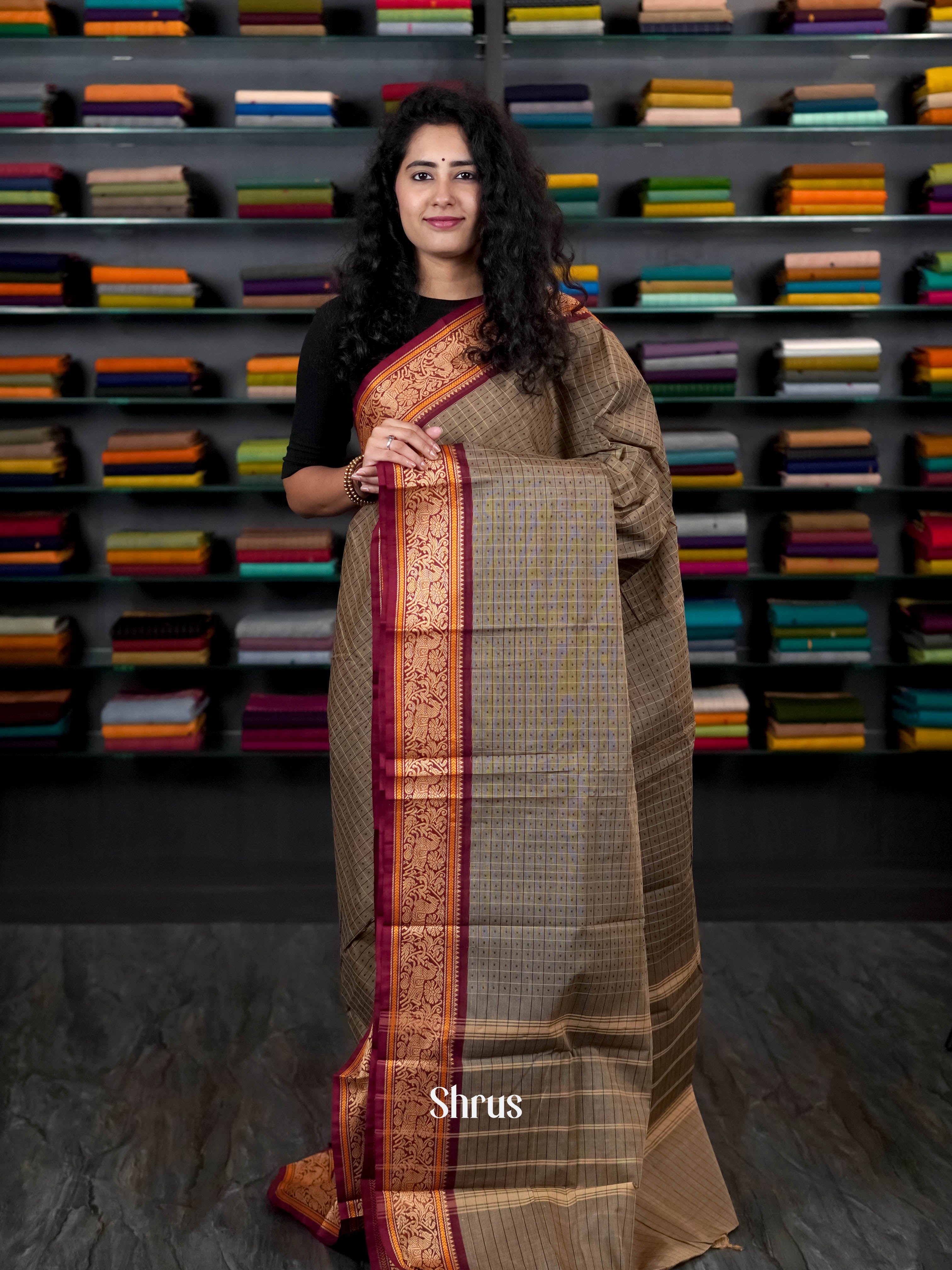 Grey & Orange - Chettinad Cotton Saree - Shop on ShrusEternity.com