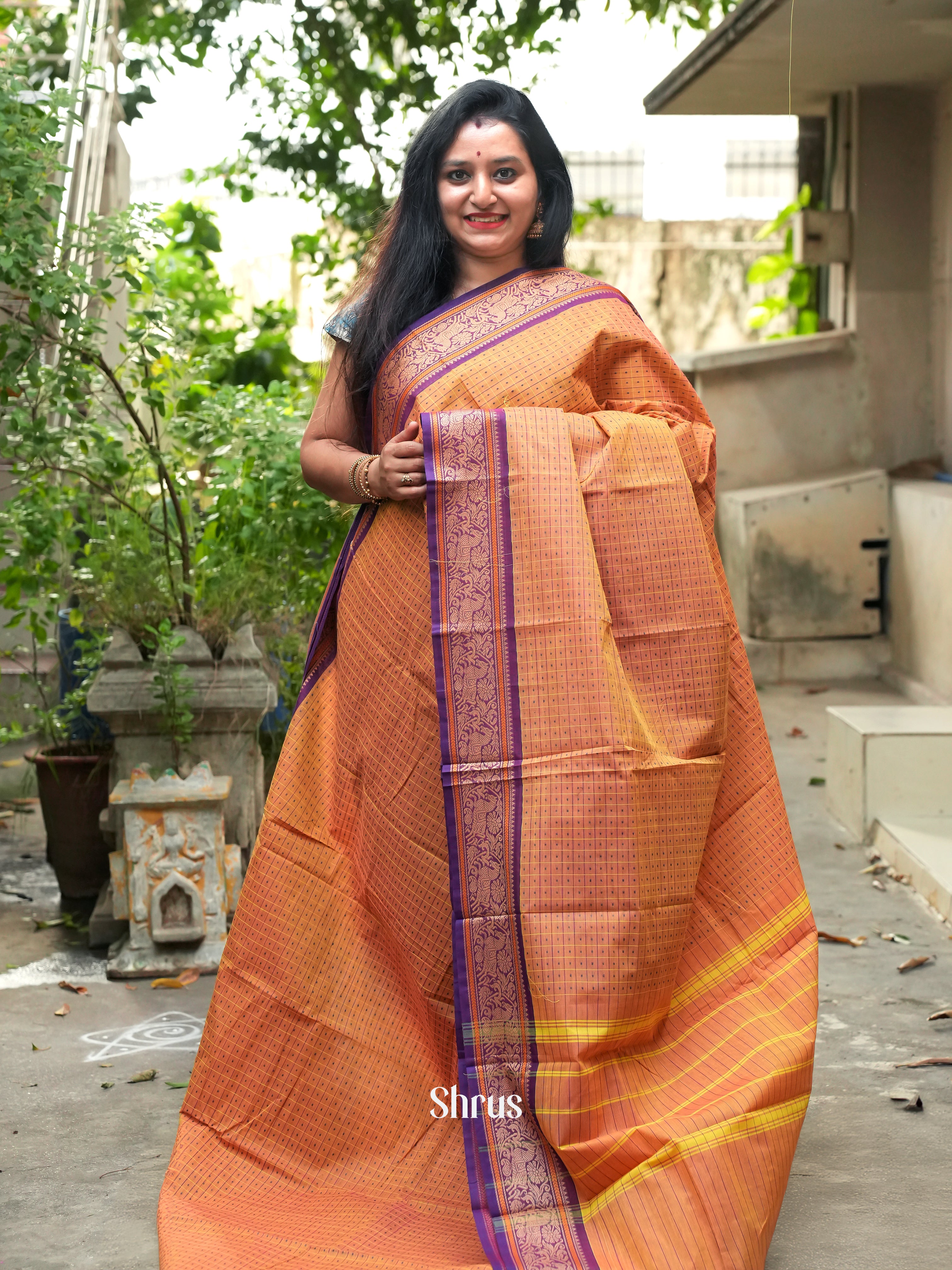 Orange & Purple - Chettinad Cotton Saree - Shop on ShrusEternity.com