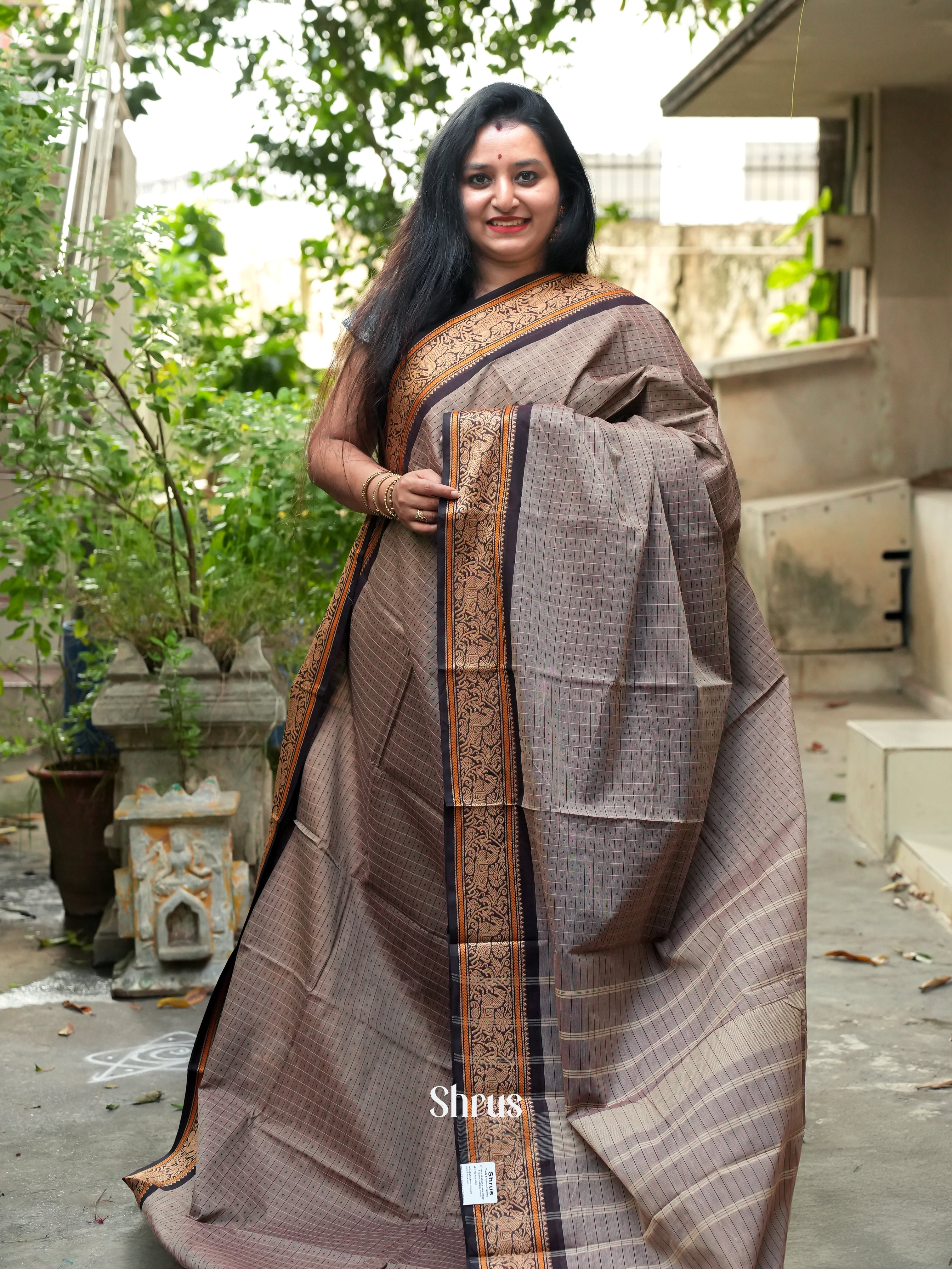 Grey & Brown - Chettinad Cotton Saree - Shop on ShrusEternity.com