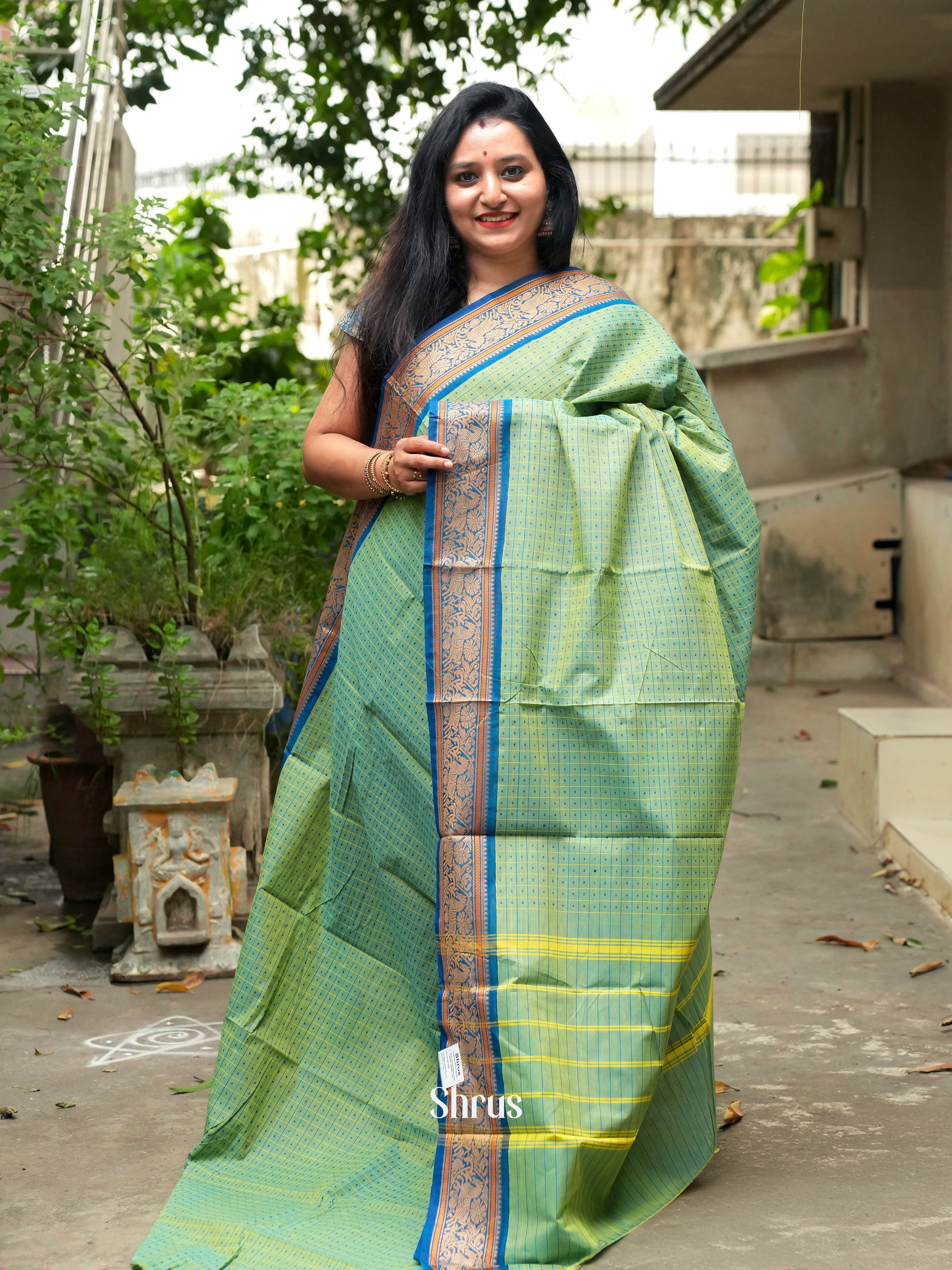 Pista Green & Blue- Chettinad Cotton Saree - Shop on ShrusEternity.com