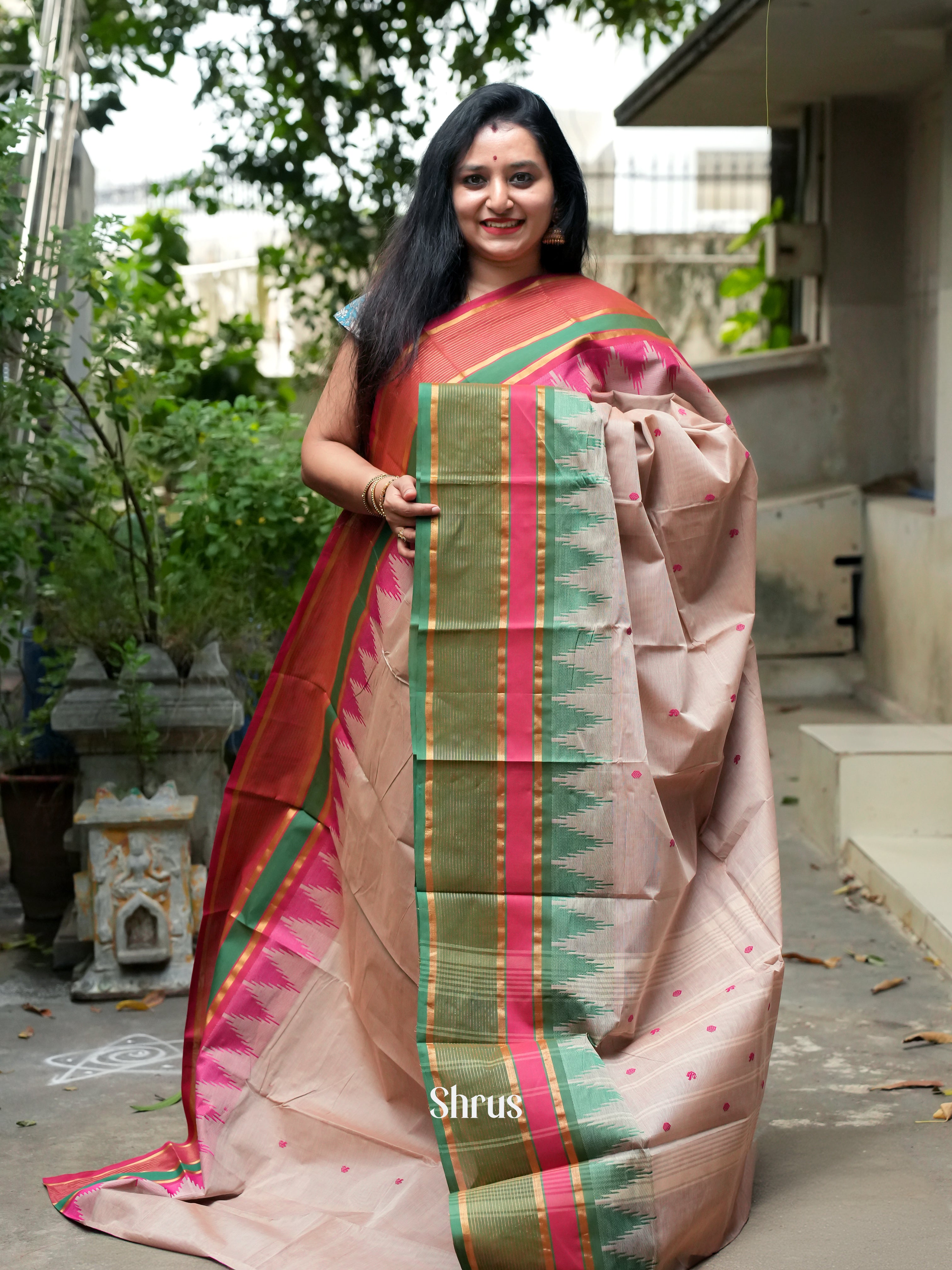 Dusty Brown & Green- Chettinad Cotton Saree - Shop on ShrusEternity.com