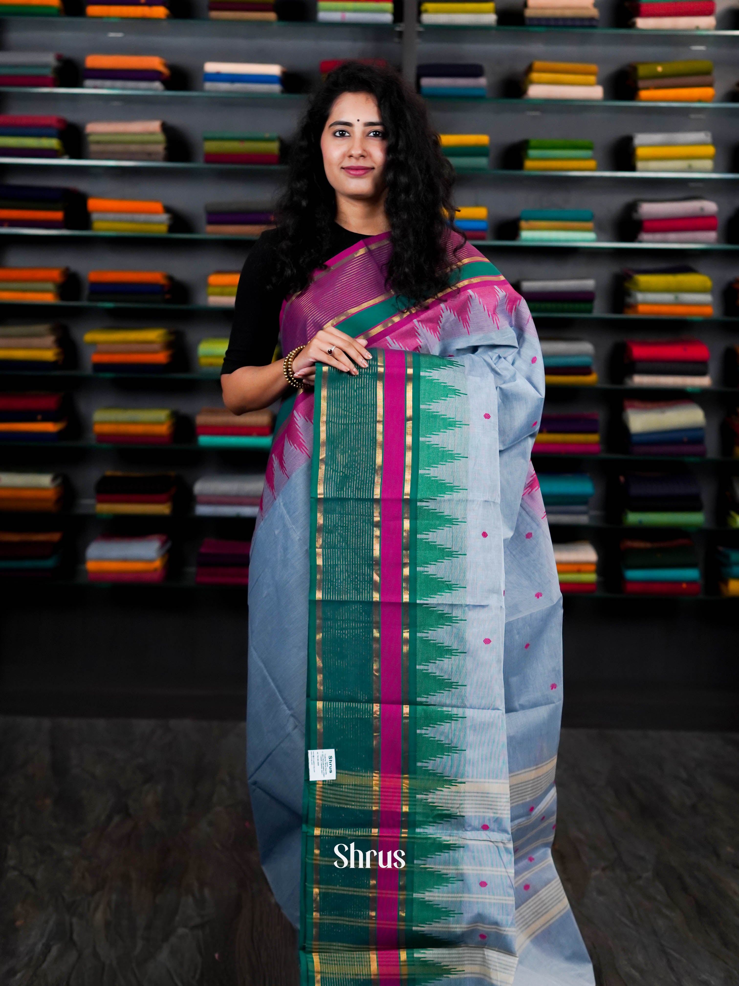 Grey & Green - Chettinad Cotton Saree - Shop on ShrusEternity.com