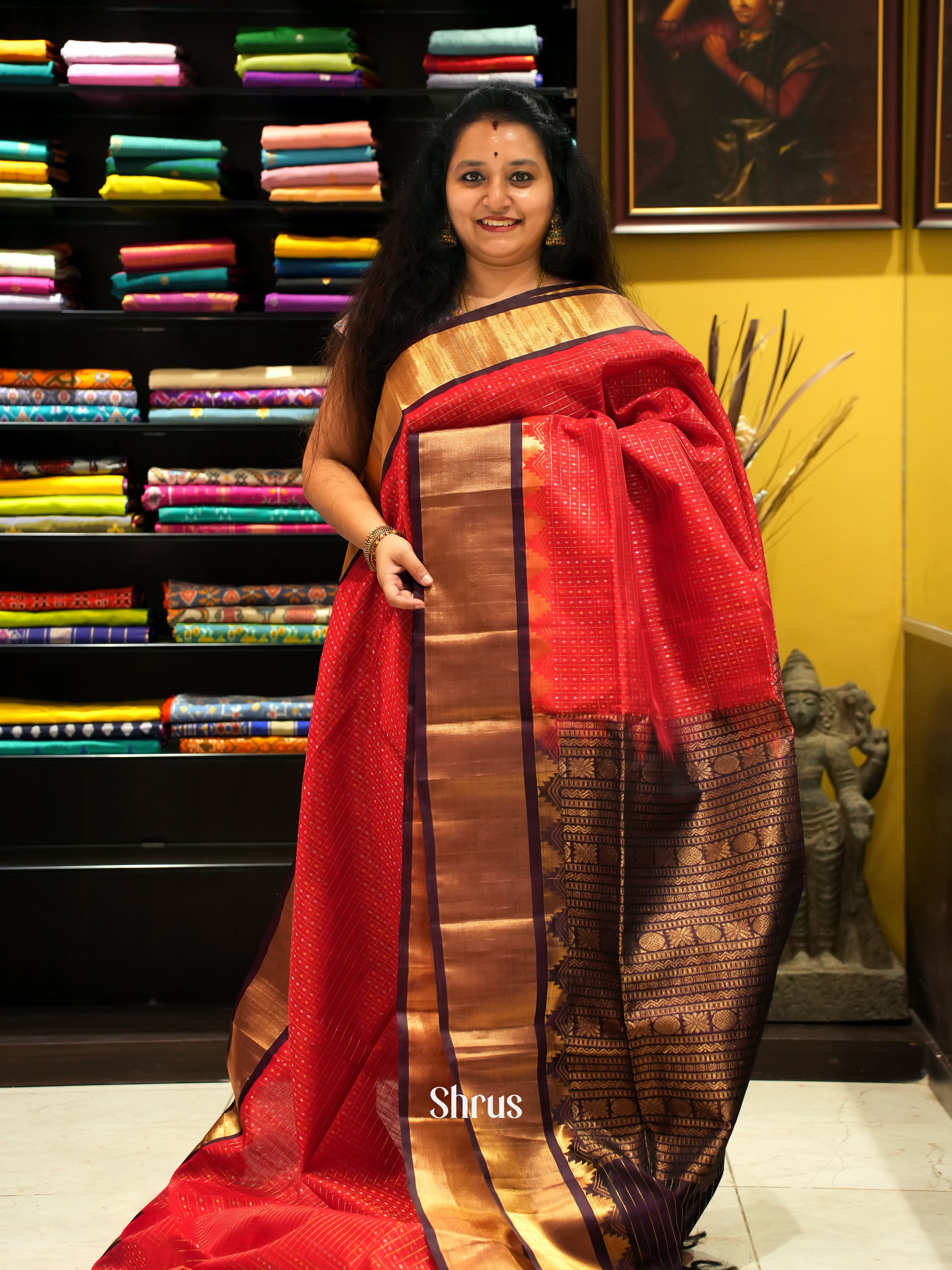 Red & Brown- Silk Cotton Saree - Shop on ShrusEternity.com