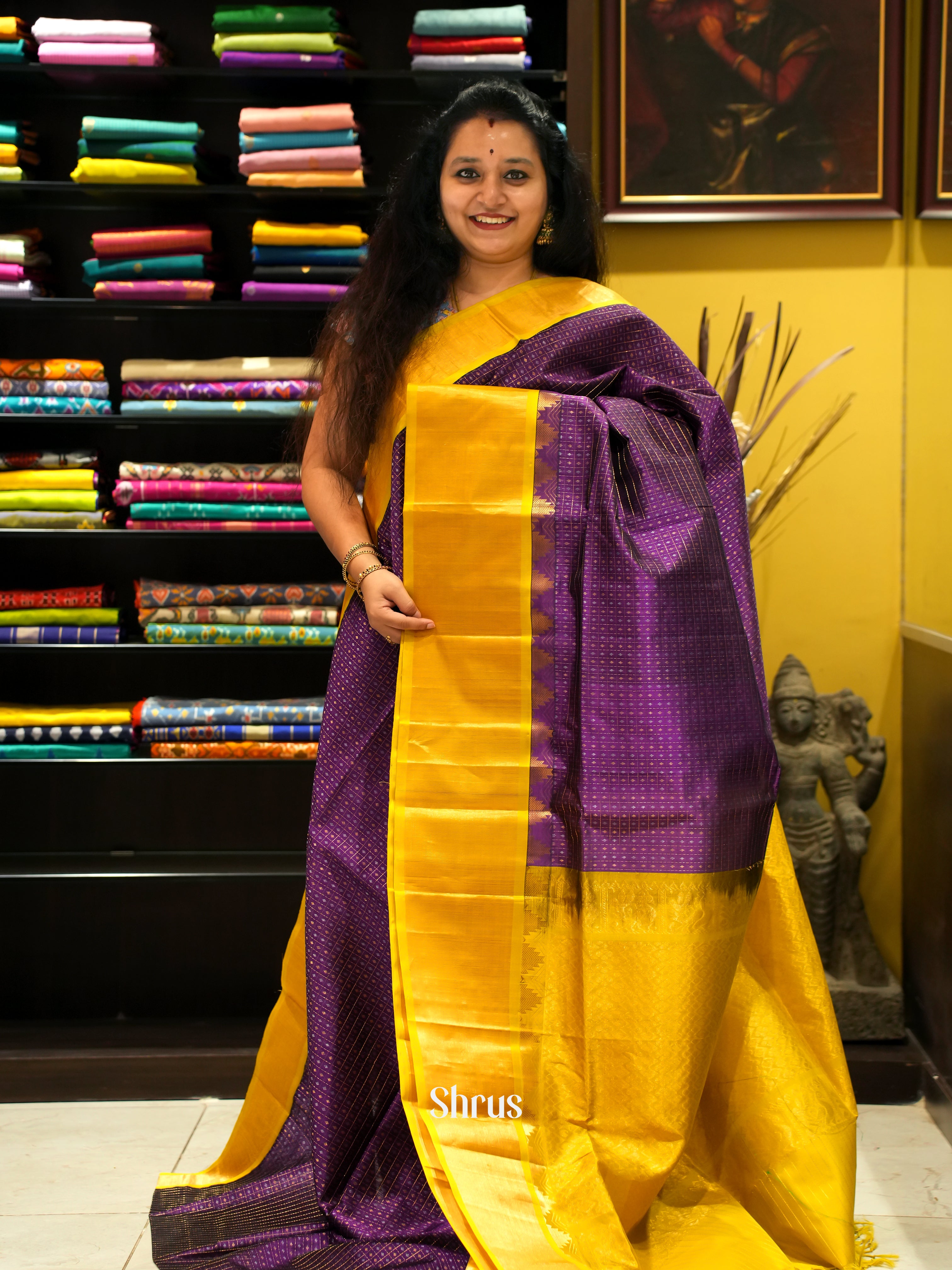 Violet & Yellow - Silk Cotton Saree - Shop on ShrusEternity.com