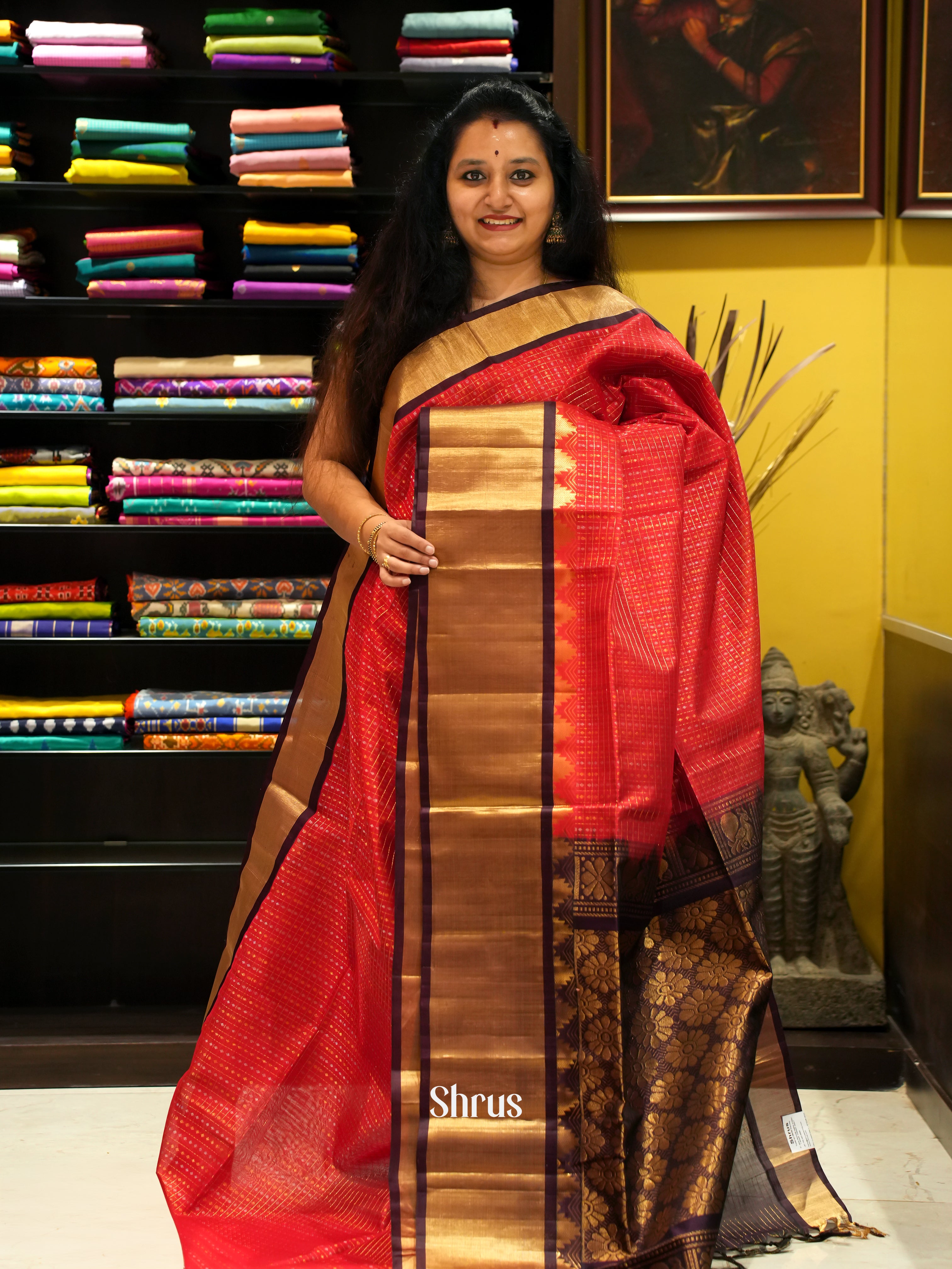 Red & Brown - Silk Cotton Saree - Shop on ShrusEternity.com