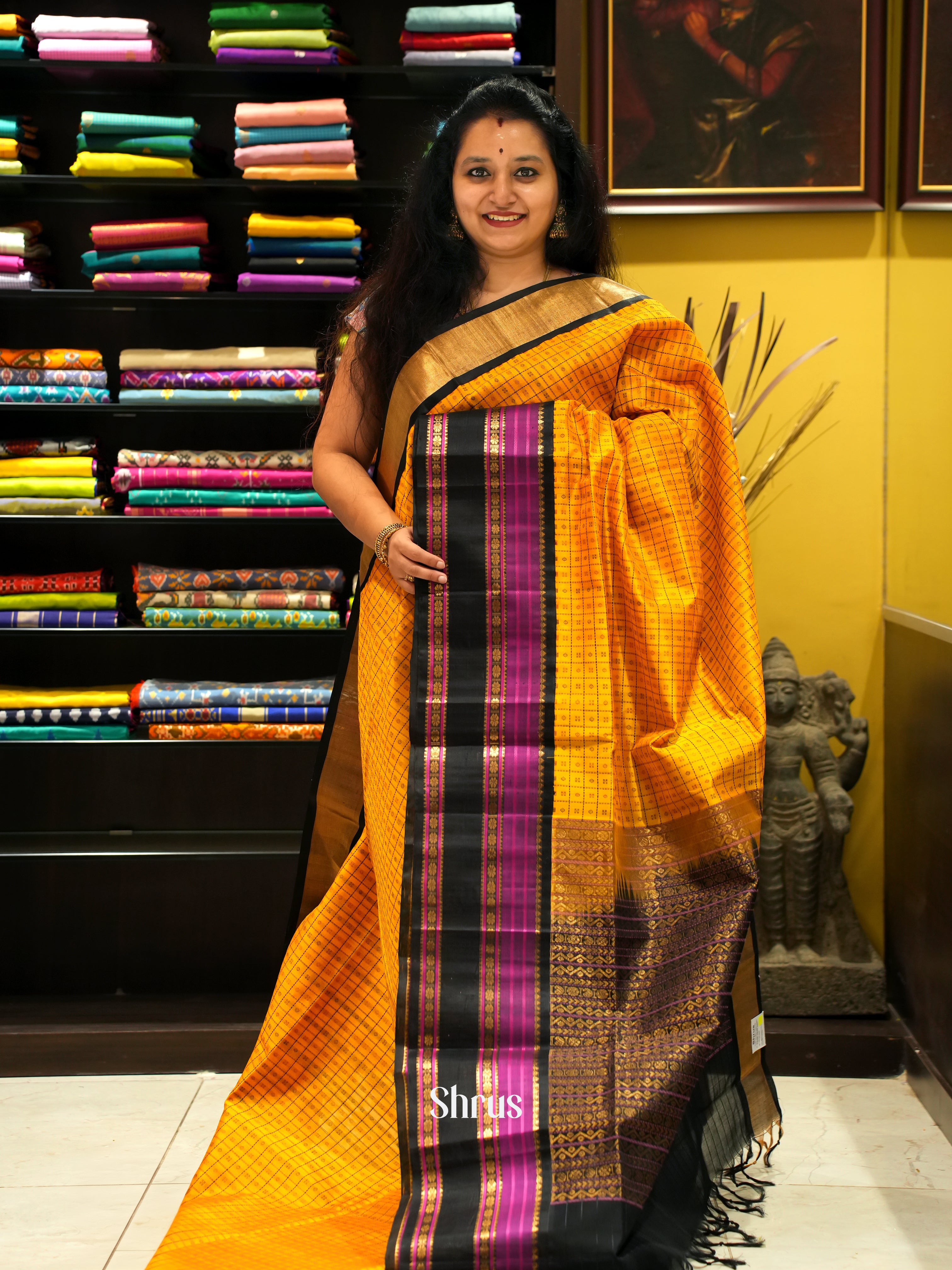 Yellow & Black - Silk Cotton Saree - Shop on ShrusEternity.com