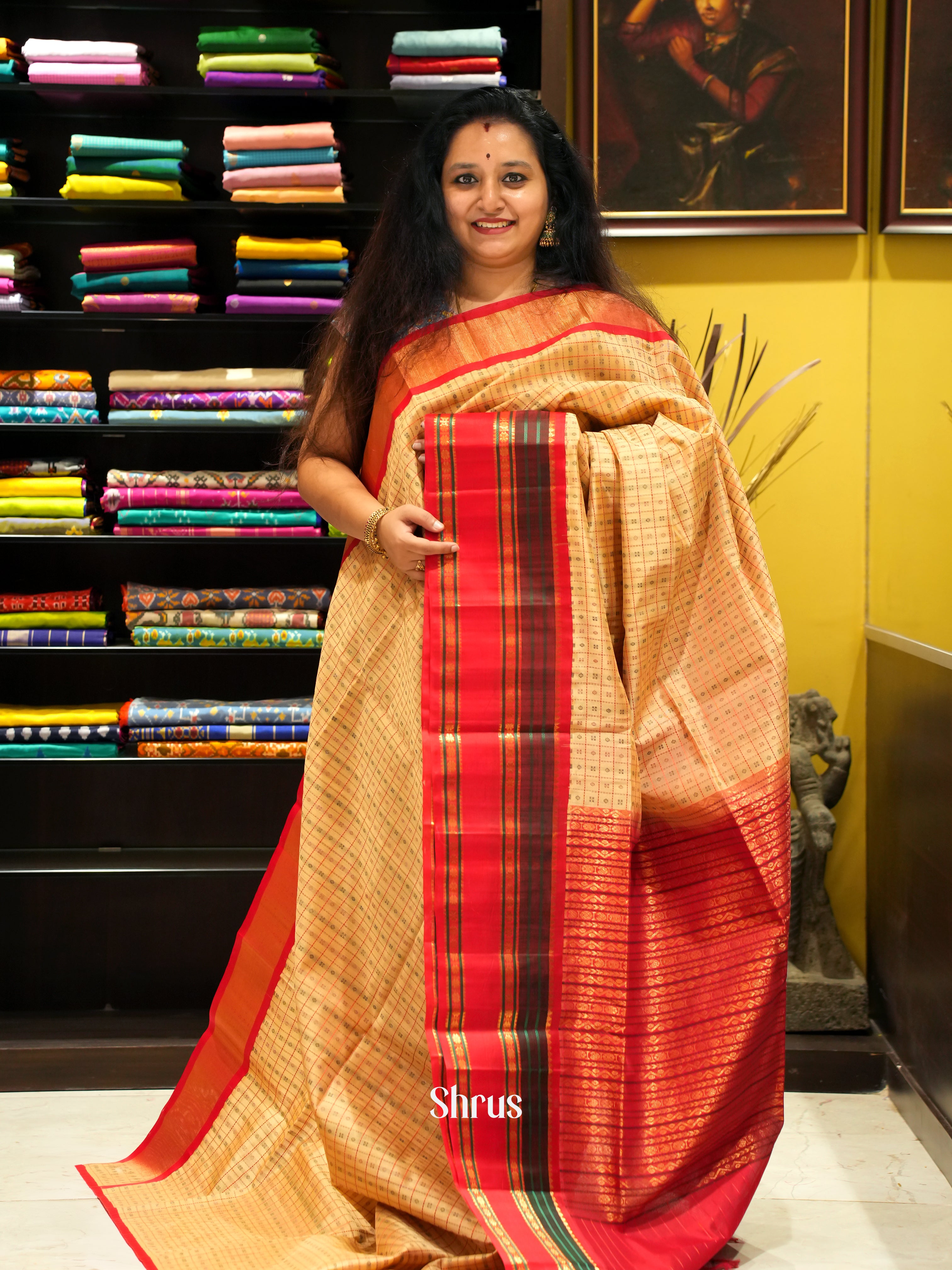 Peach & Red - Silk Cotton Saree - Shop on ShrusEternity.com