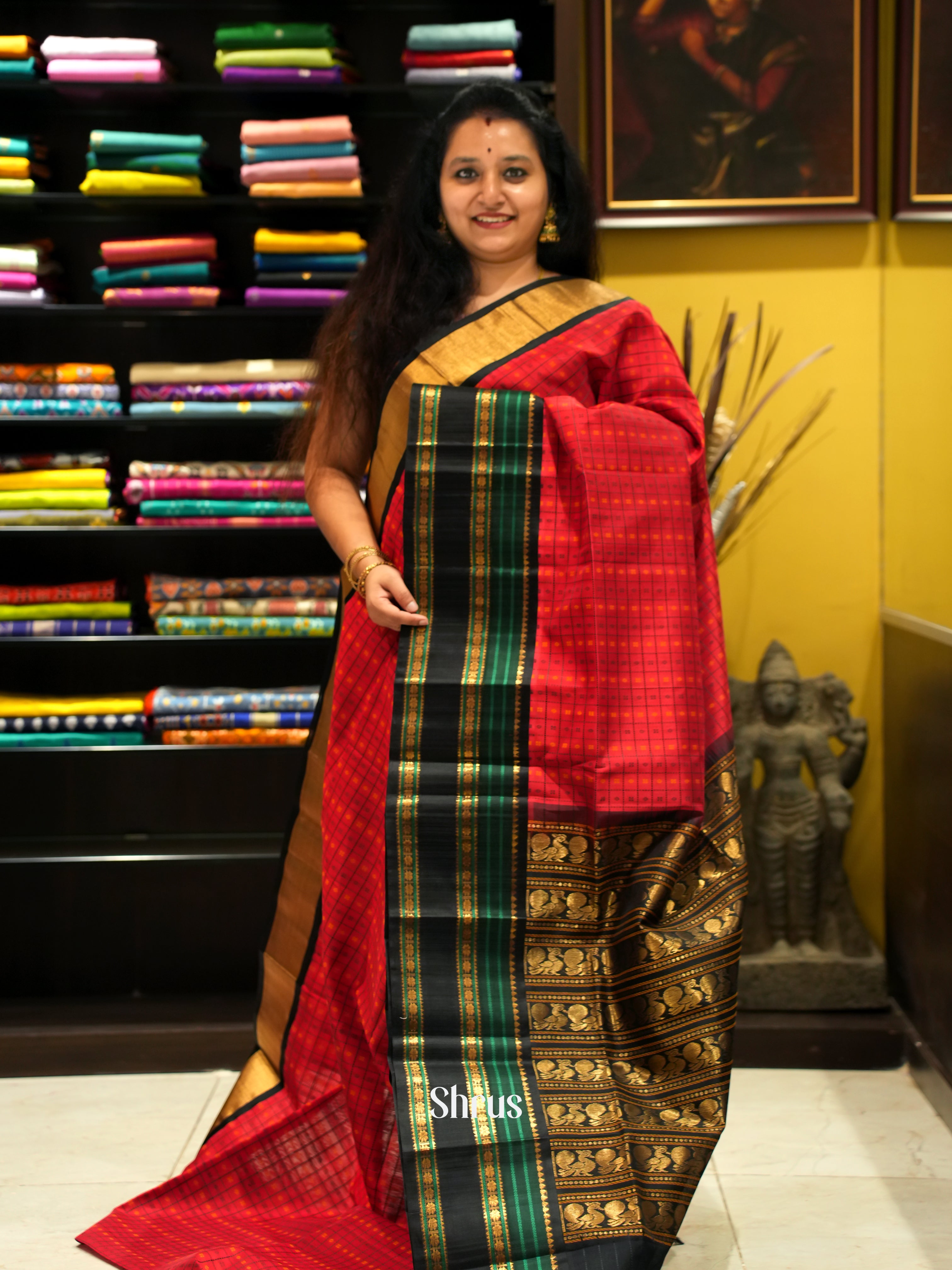 Red & Black - Silk Cotton Saree - Shop on ShrusEternity.com