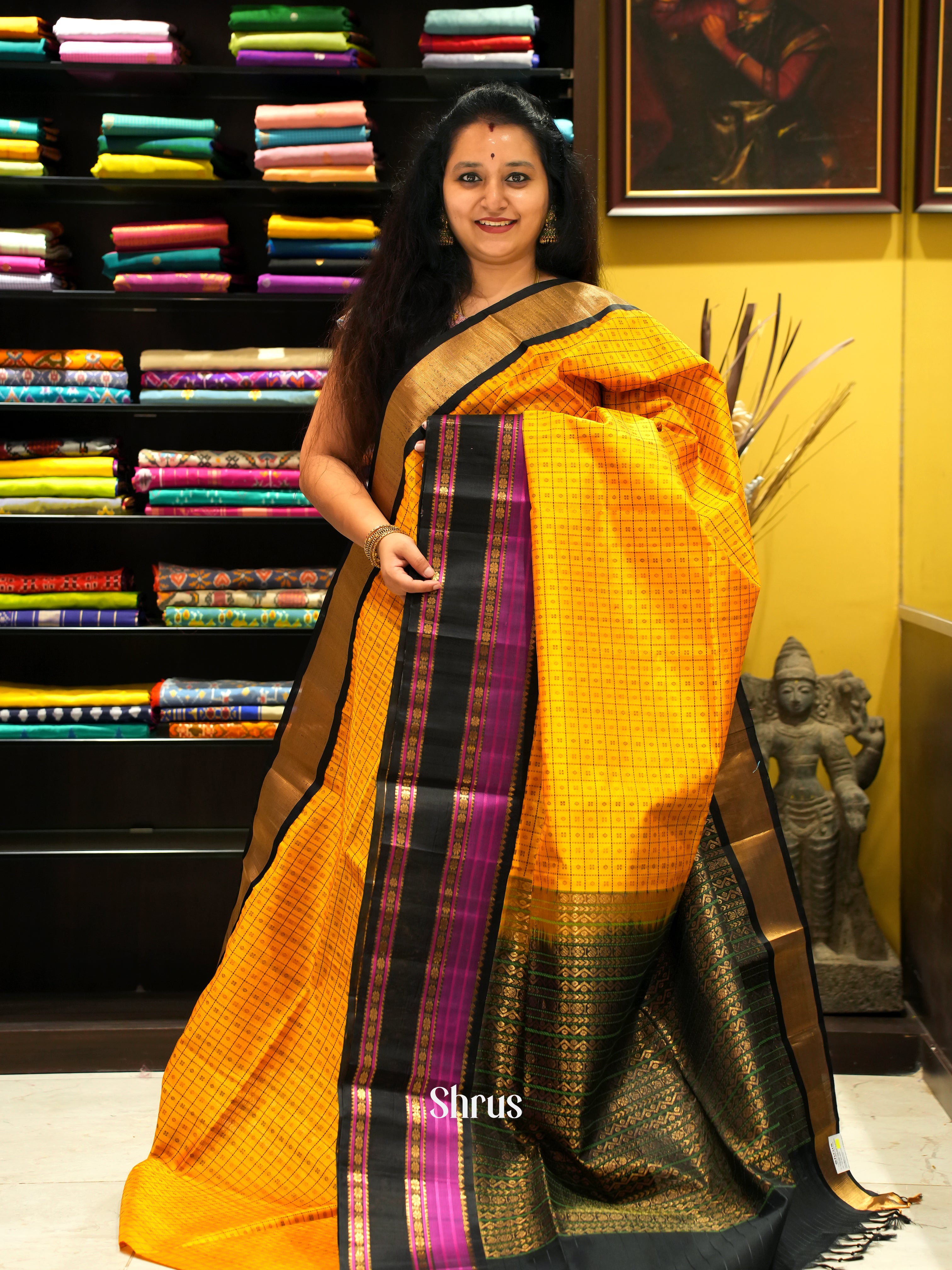 Yellow & Black- Silk Cotton Saree - Shop on ShrusEternity.com