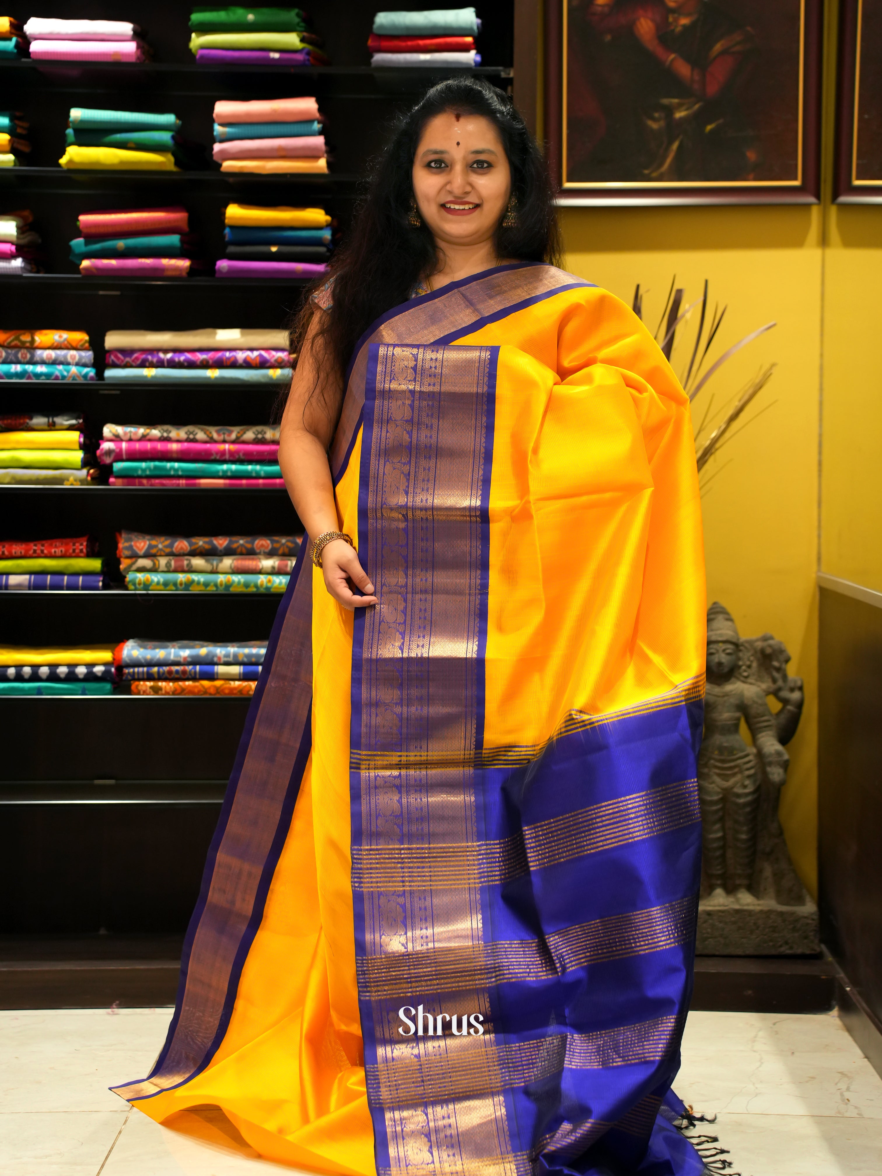 Yellow & Blue - Silk Cotton Saree - Shop on ShrusEternity.com