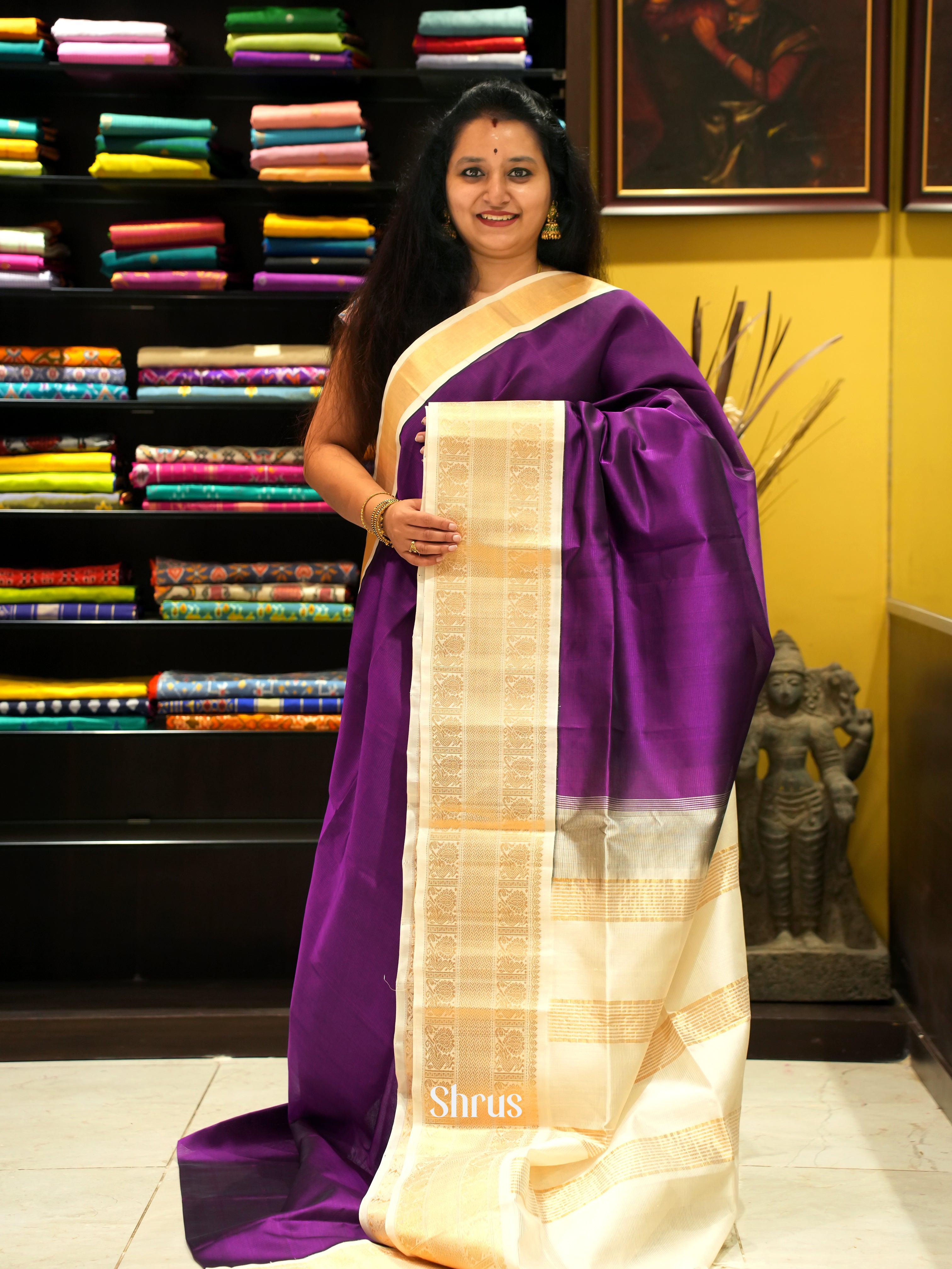 Violet & Cream - Silk Cotton Saree - Shop on ShrusEternity.com
