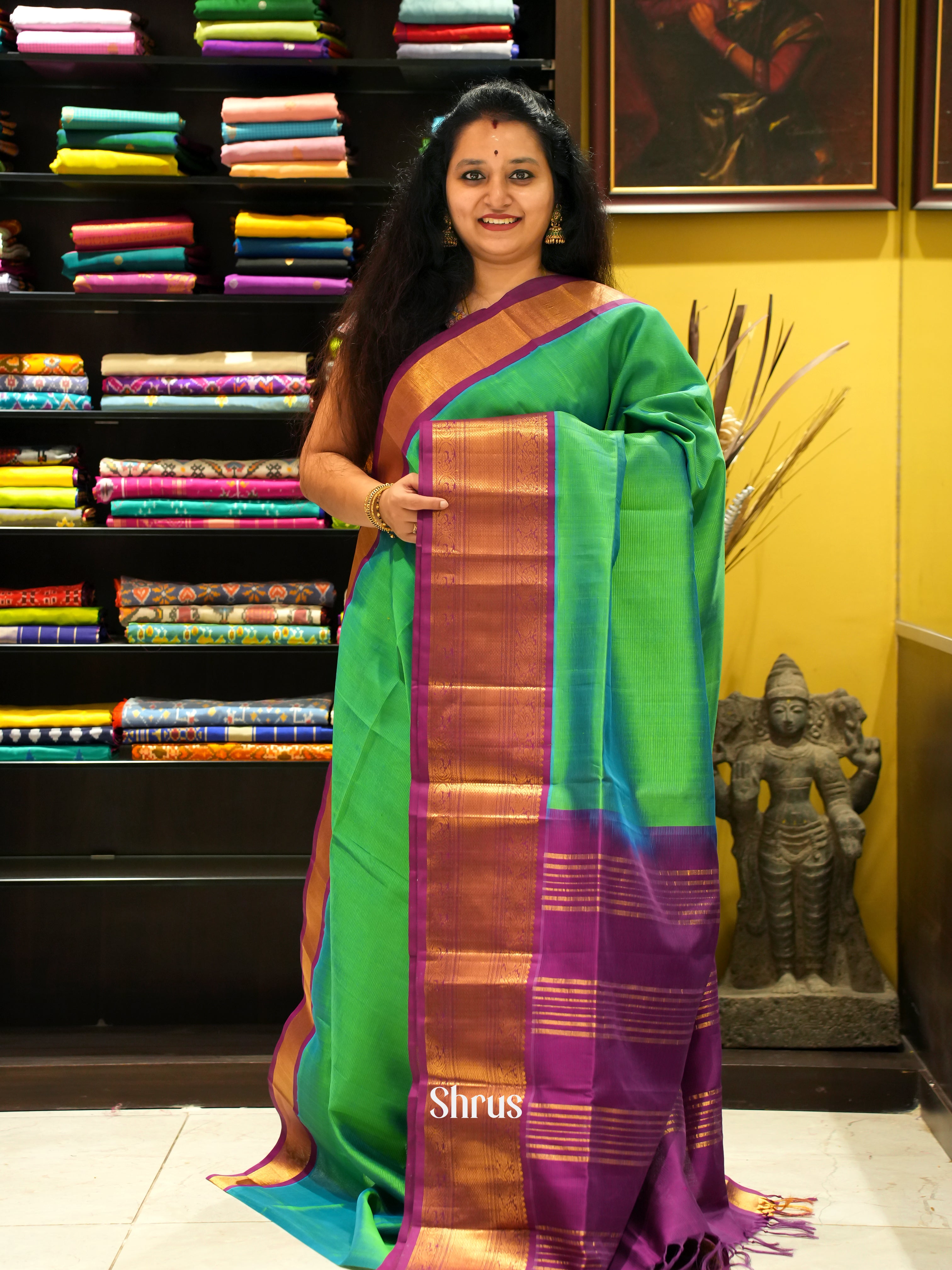 Green & Purple - Silk Cotton Saree - Shop on ShrusEternity.com