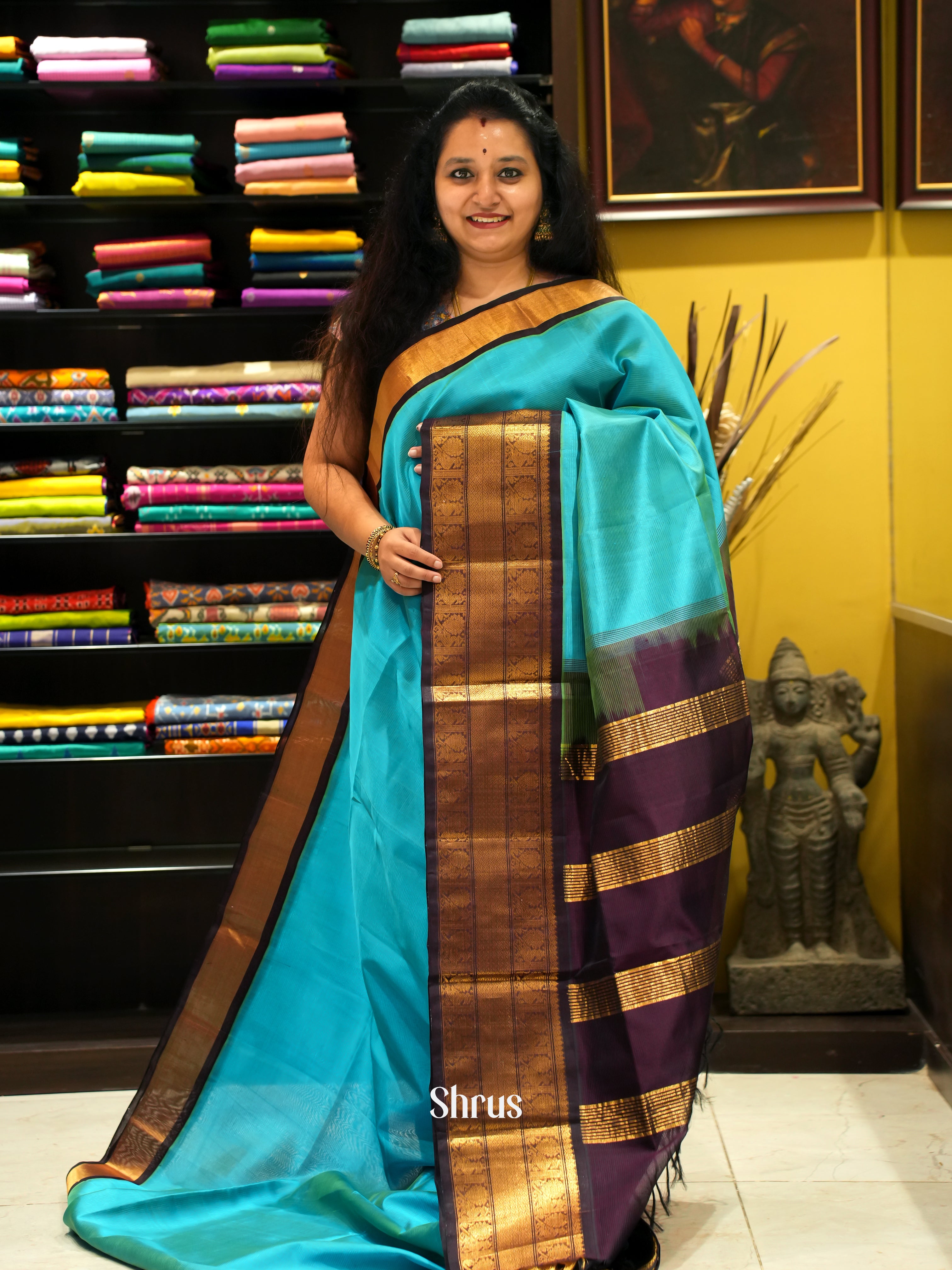 Blue & Purple - Silk Cotton Saree - Shop on ShrusEternity.com