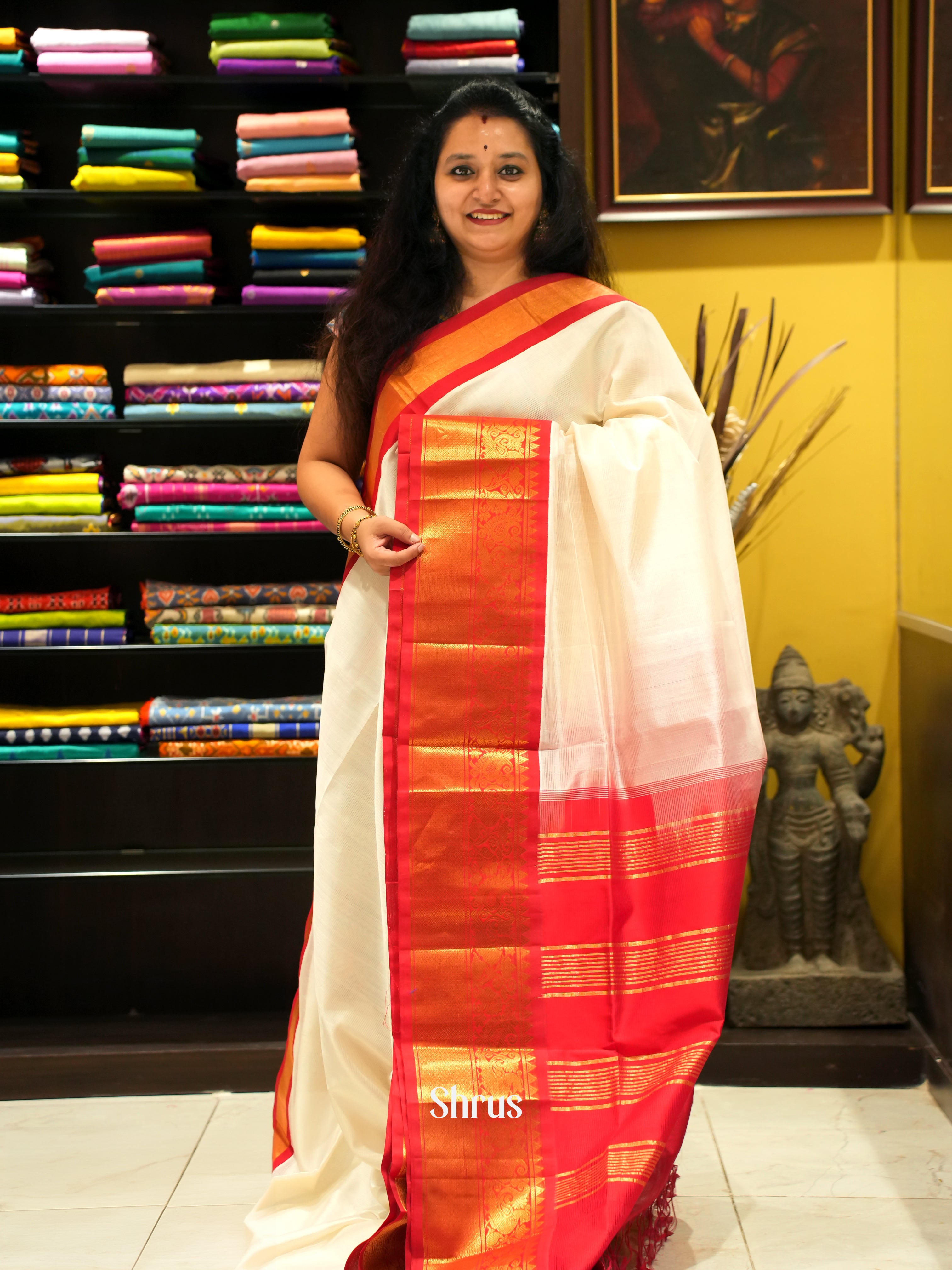 Cream & Red - Silk Cotton Saree - Shop on ShrusEternity.com