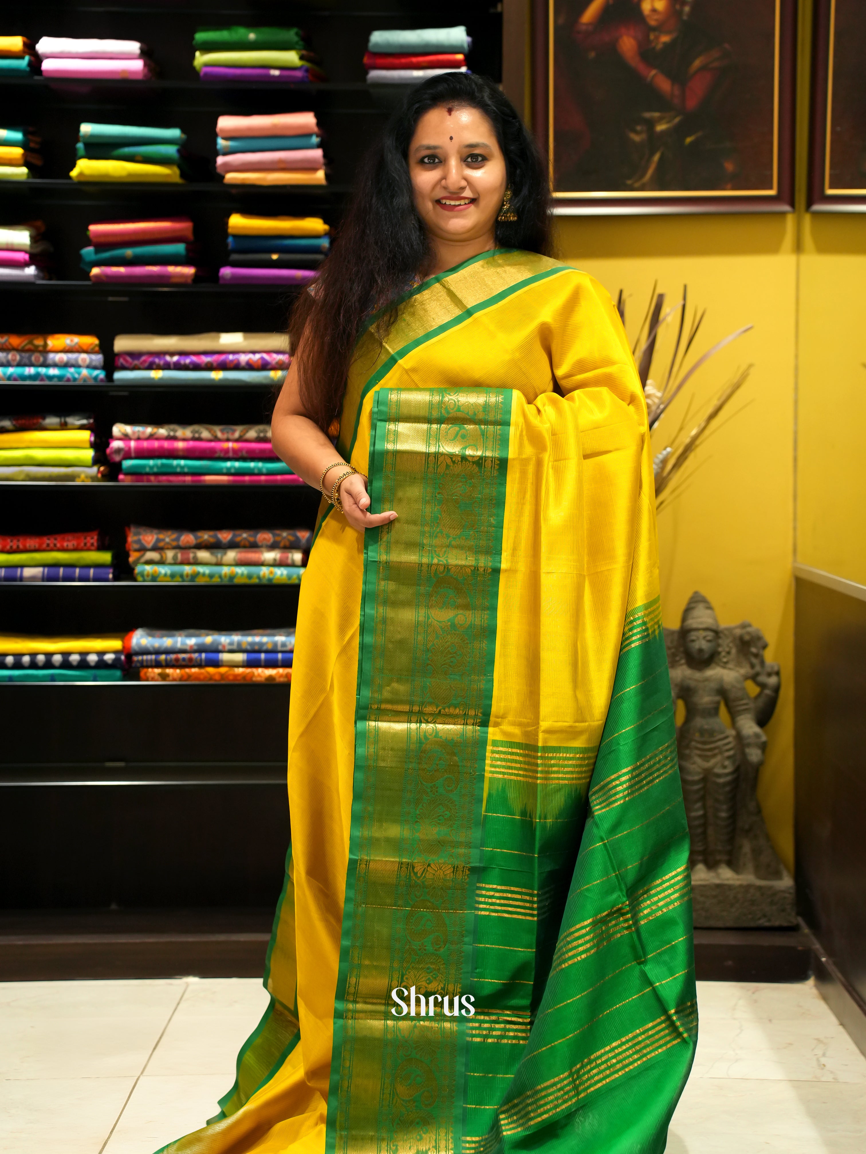 Yellow & Green - Silk Cotton Saree - Shop on ShrusEternity.com