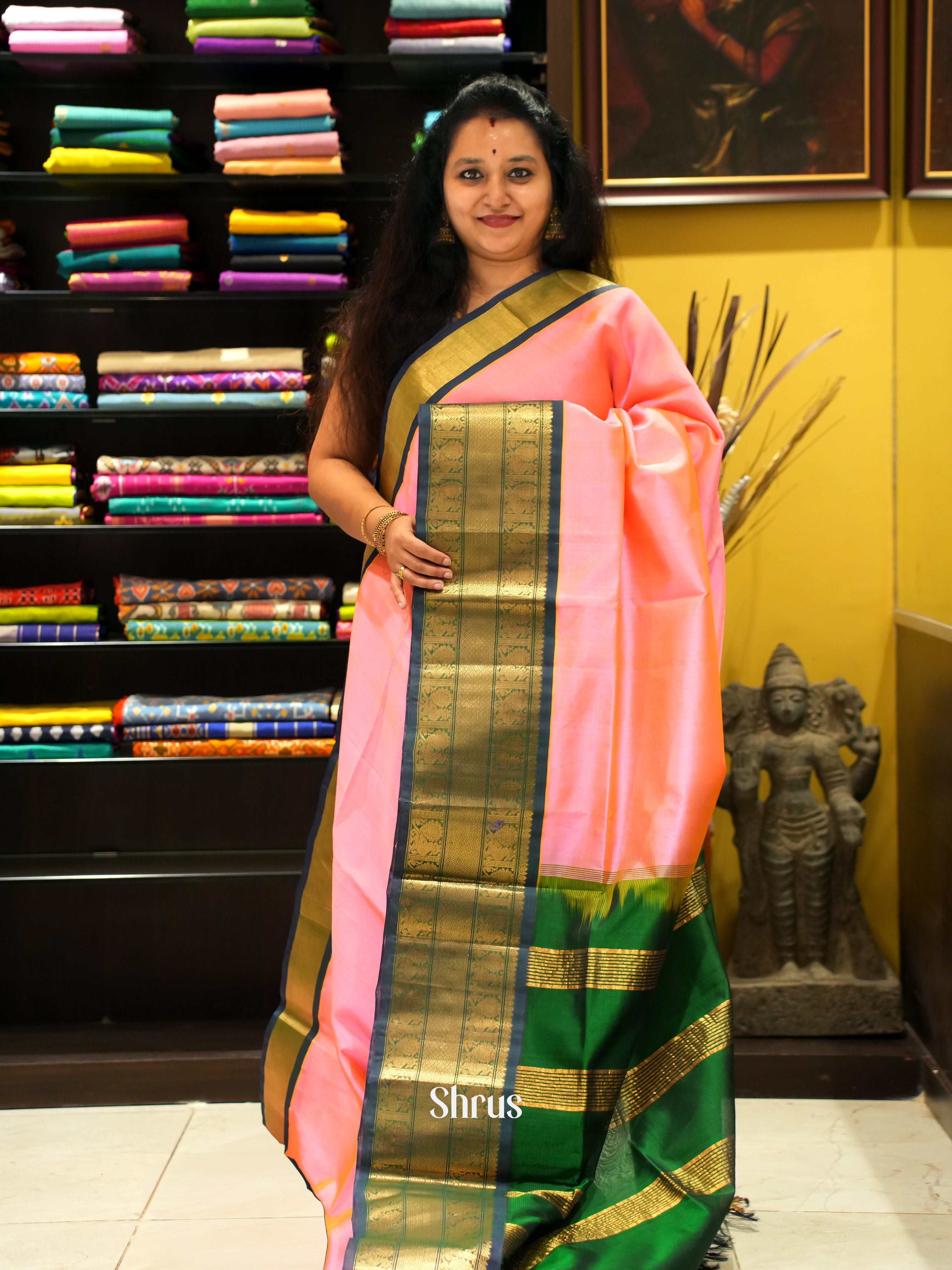 Pink & Green - Silk Cotton Saree - Shop on ShrusEternity.com