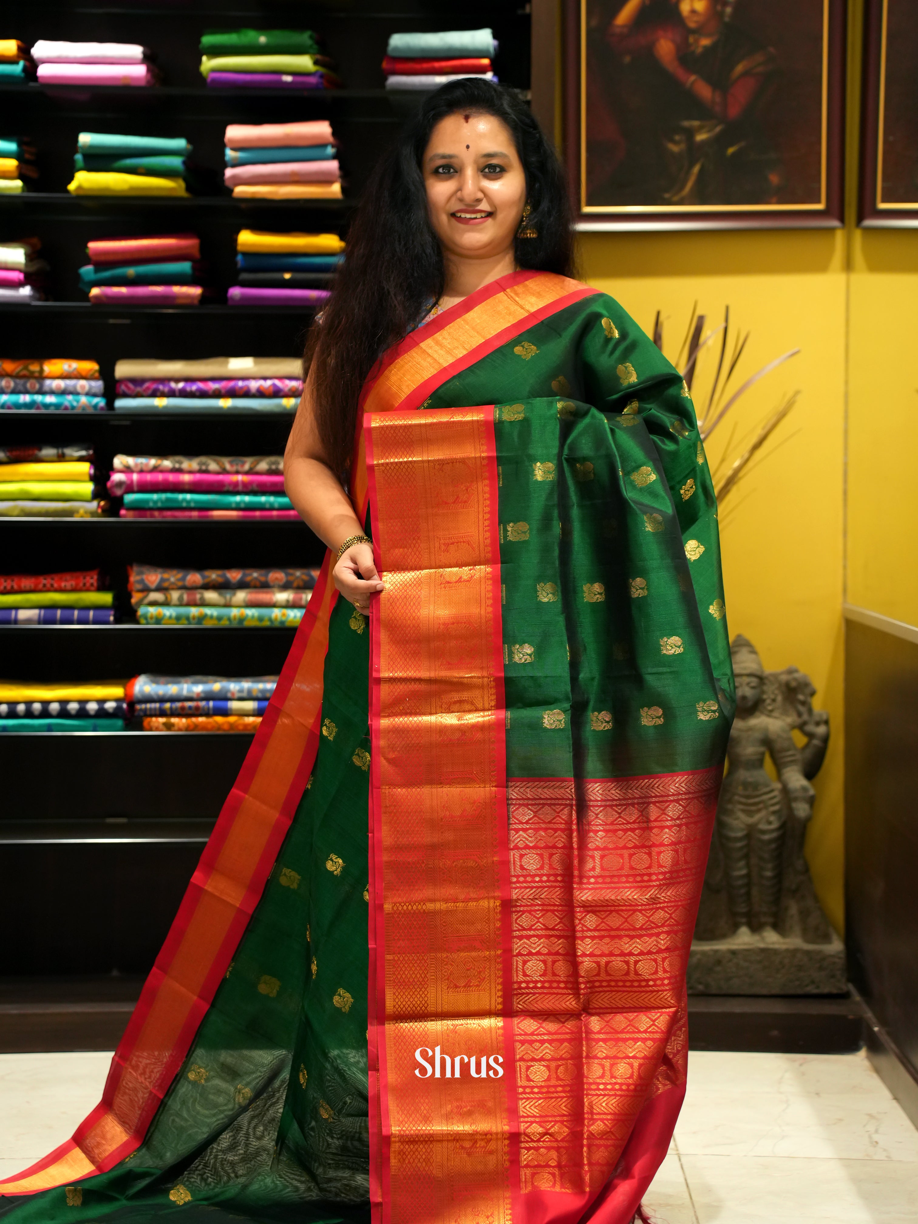 Green & Red - Silk Cotton Saree - Shop on ShrusEternity.com