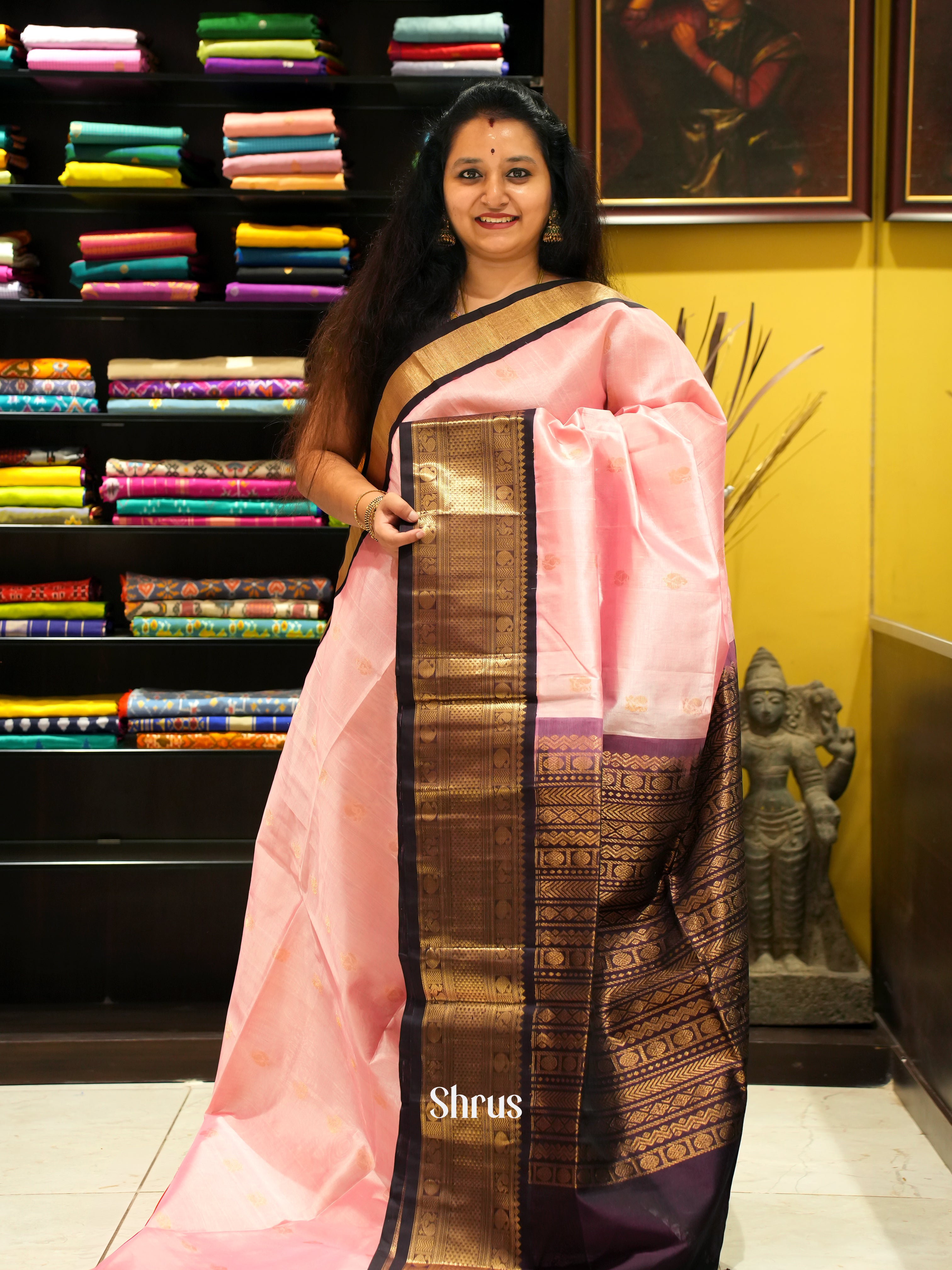 Pink & Brown - Silk Cotton Saree - Shop on ShrusEternity.com