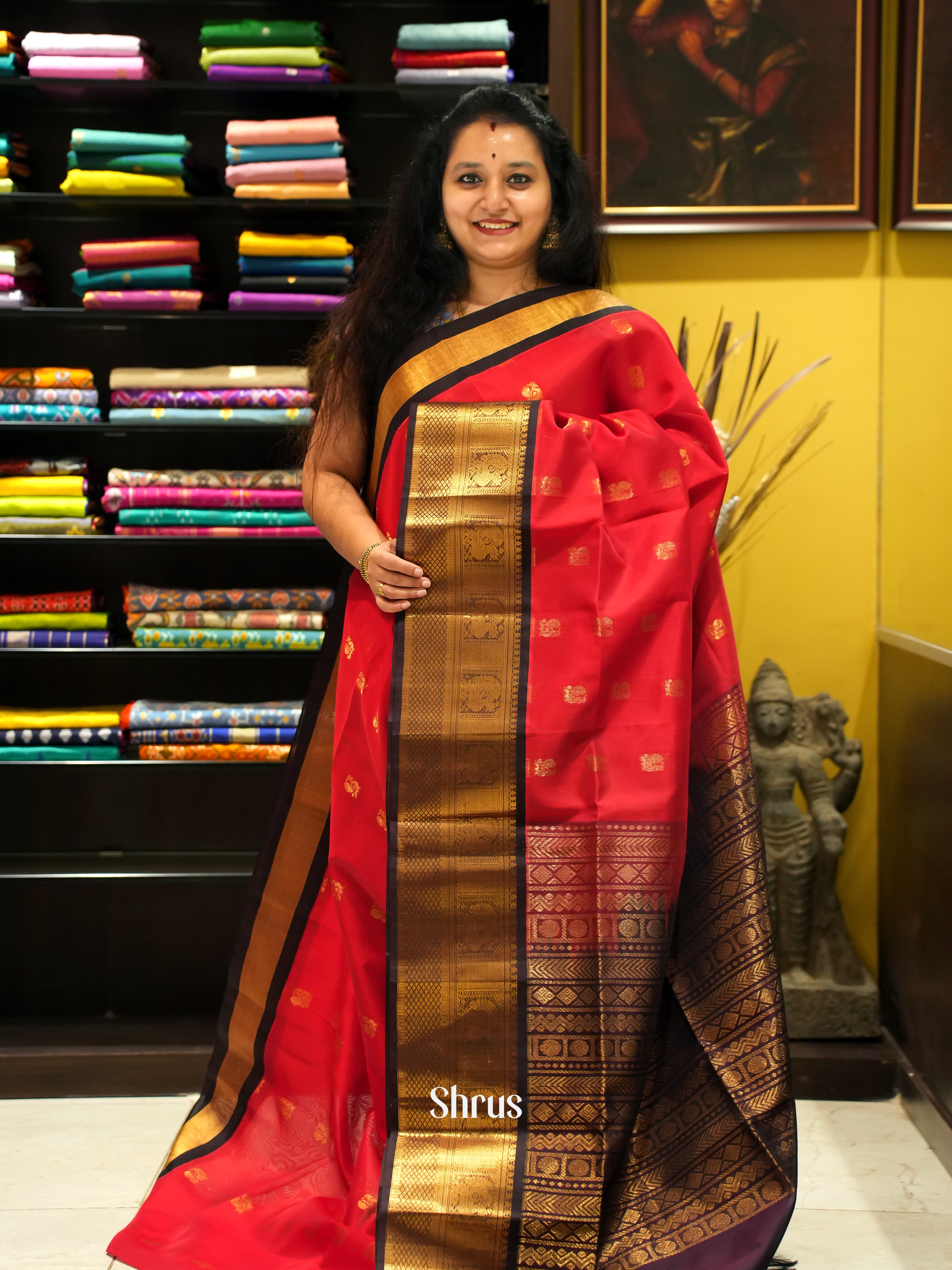 Red & Brown - Silk Cotton Saree - Shop on ShrusEternity.com