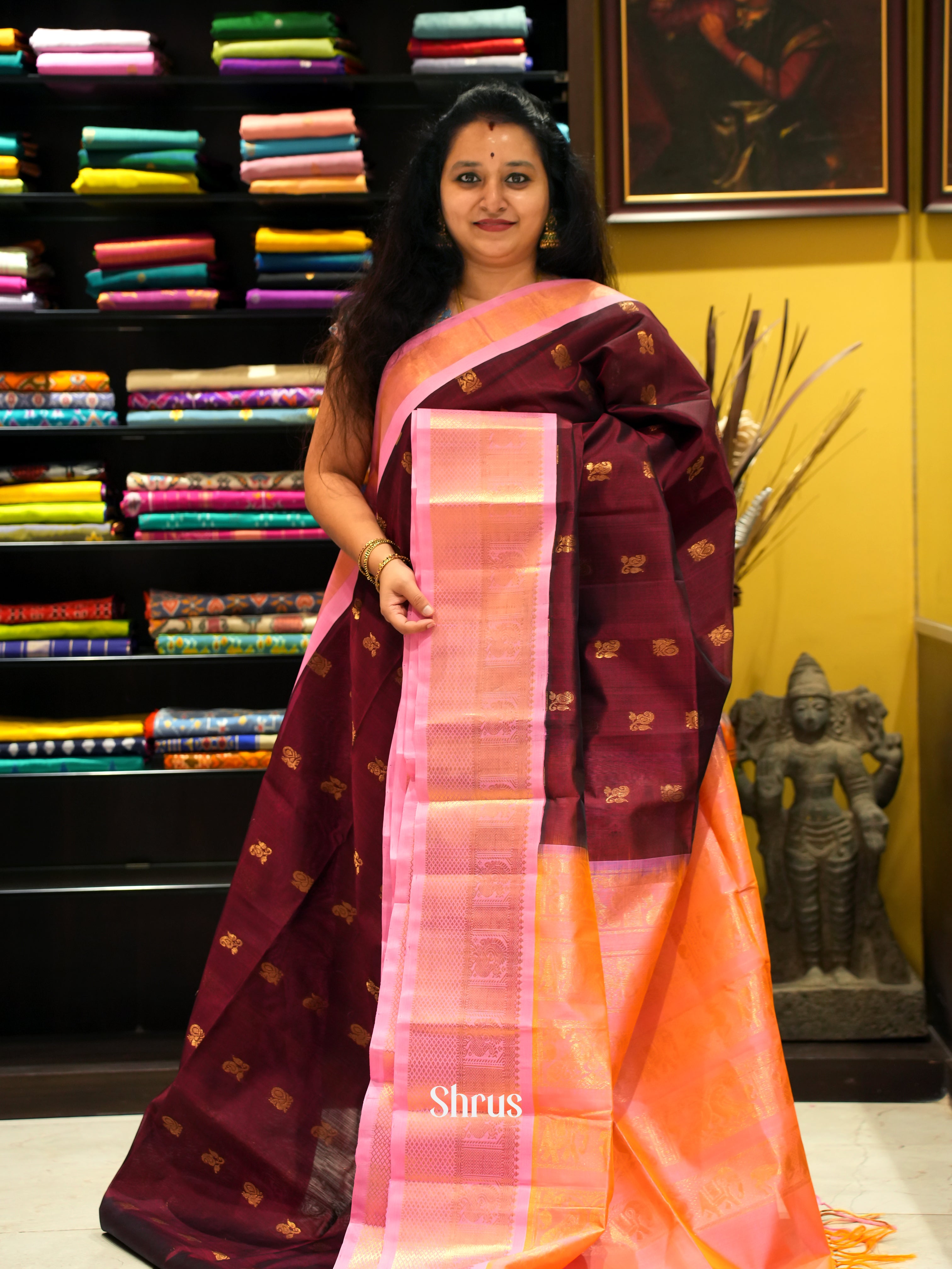 Maroon & Pink - Silk Cotton Saree - Shop on ShrusEternity.com