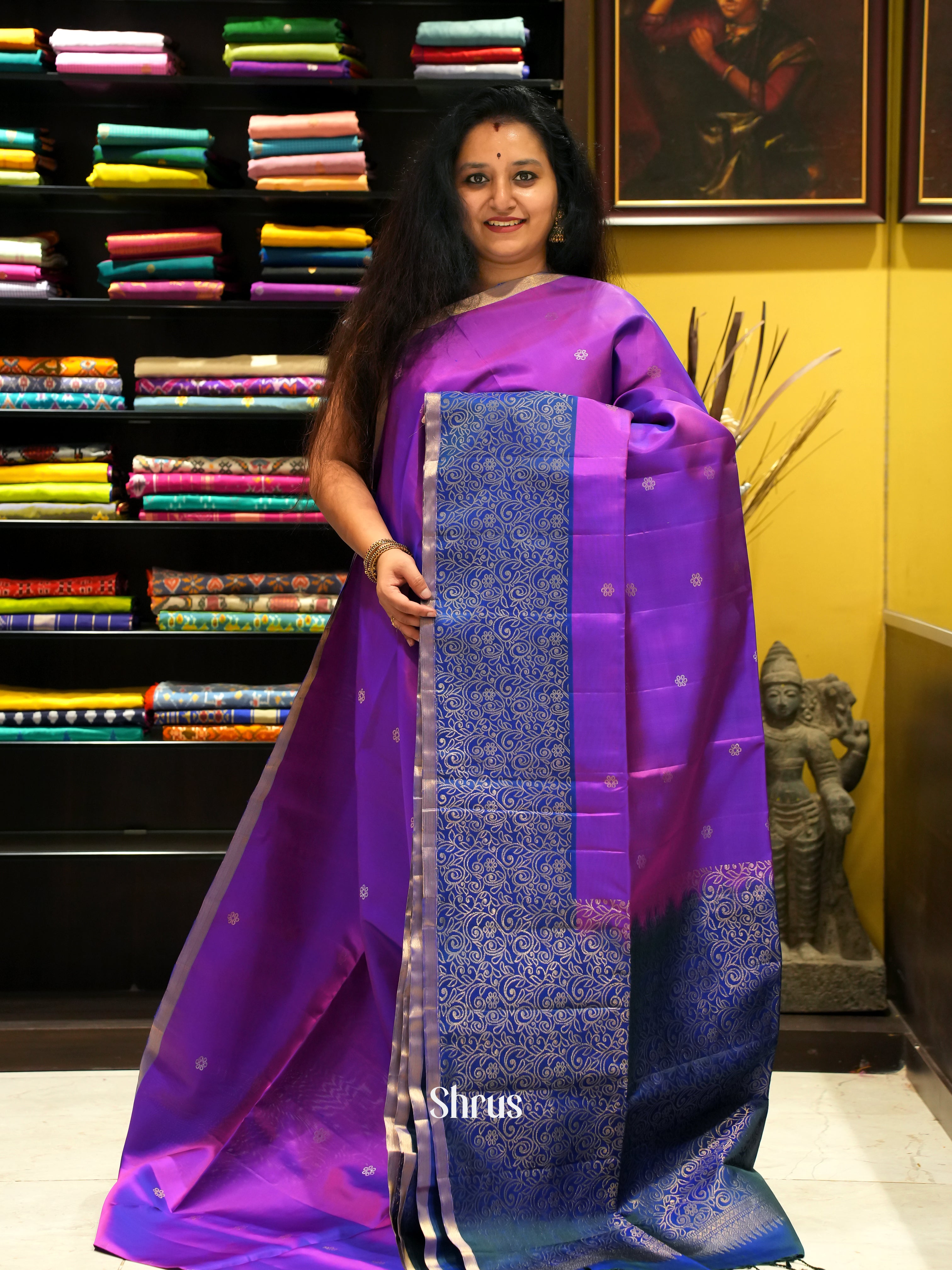 Purple & Blue - Soft Silk Saree - Shop on ShrusEternity.com