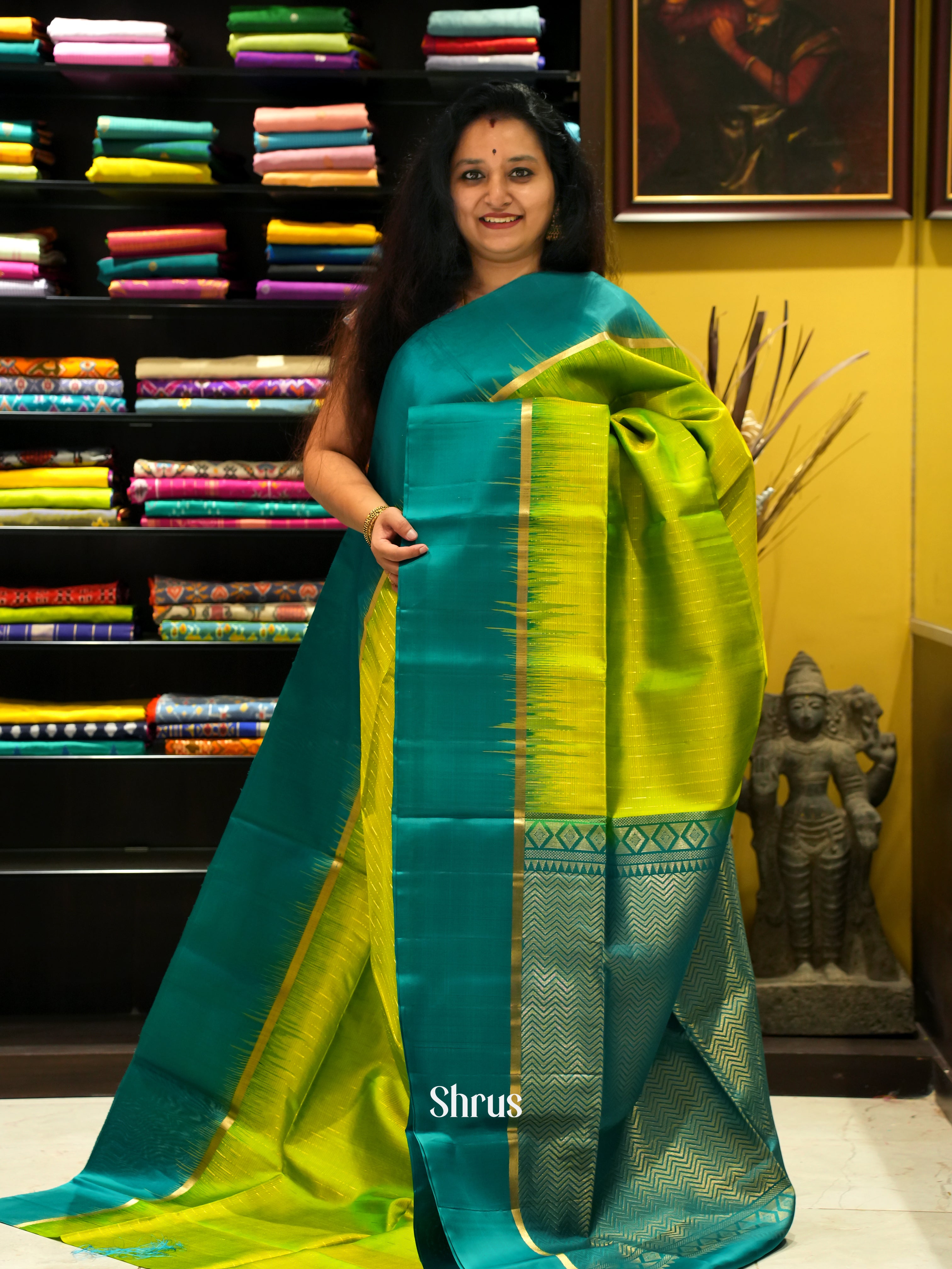 Light Green & Green - Soft Silk Saree - Shop on ShrusEternity.com