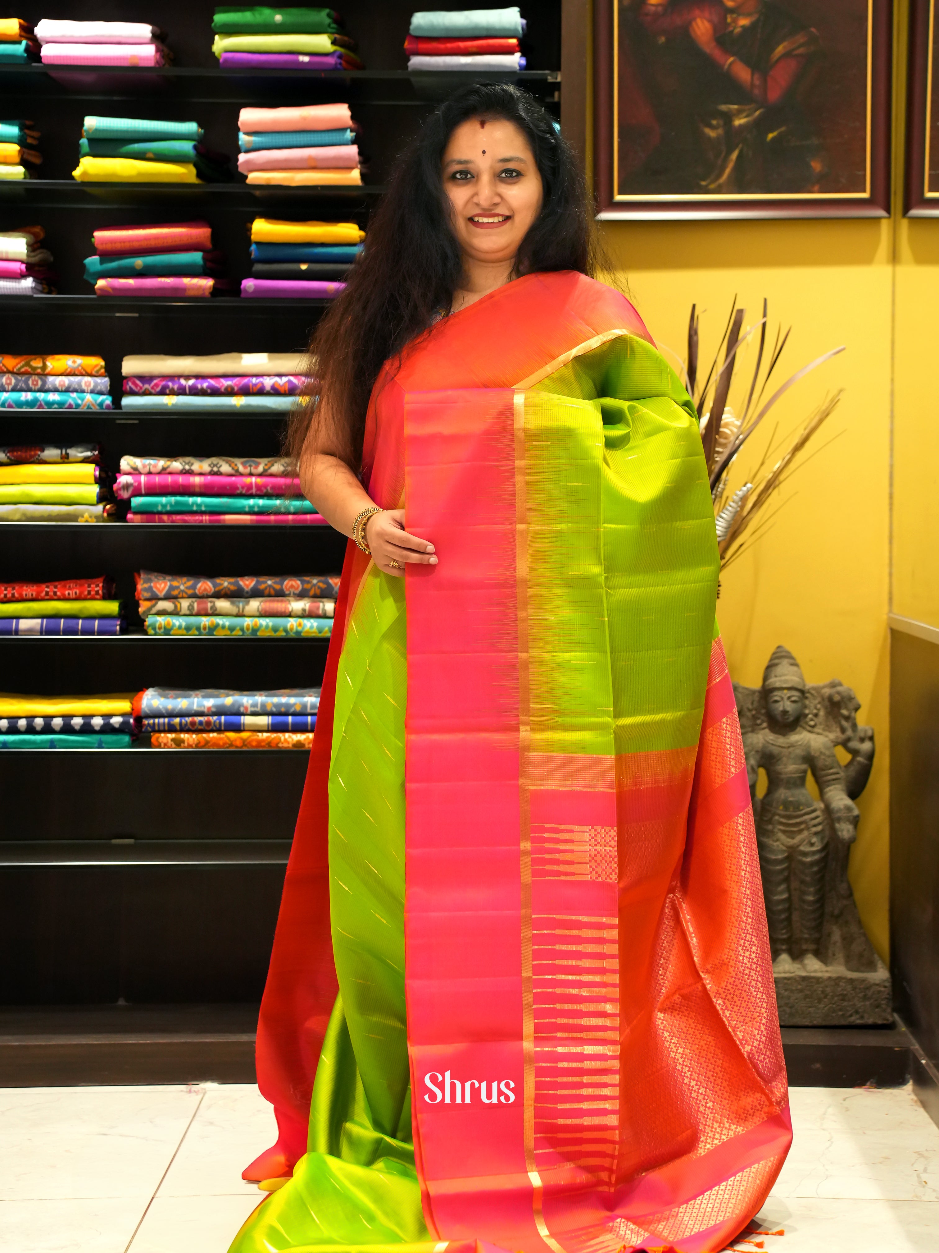 Light Green & Orangish Pink - Soft Silk Saree - Shop on ShrusEternity.com
