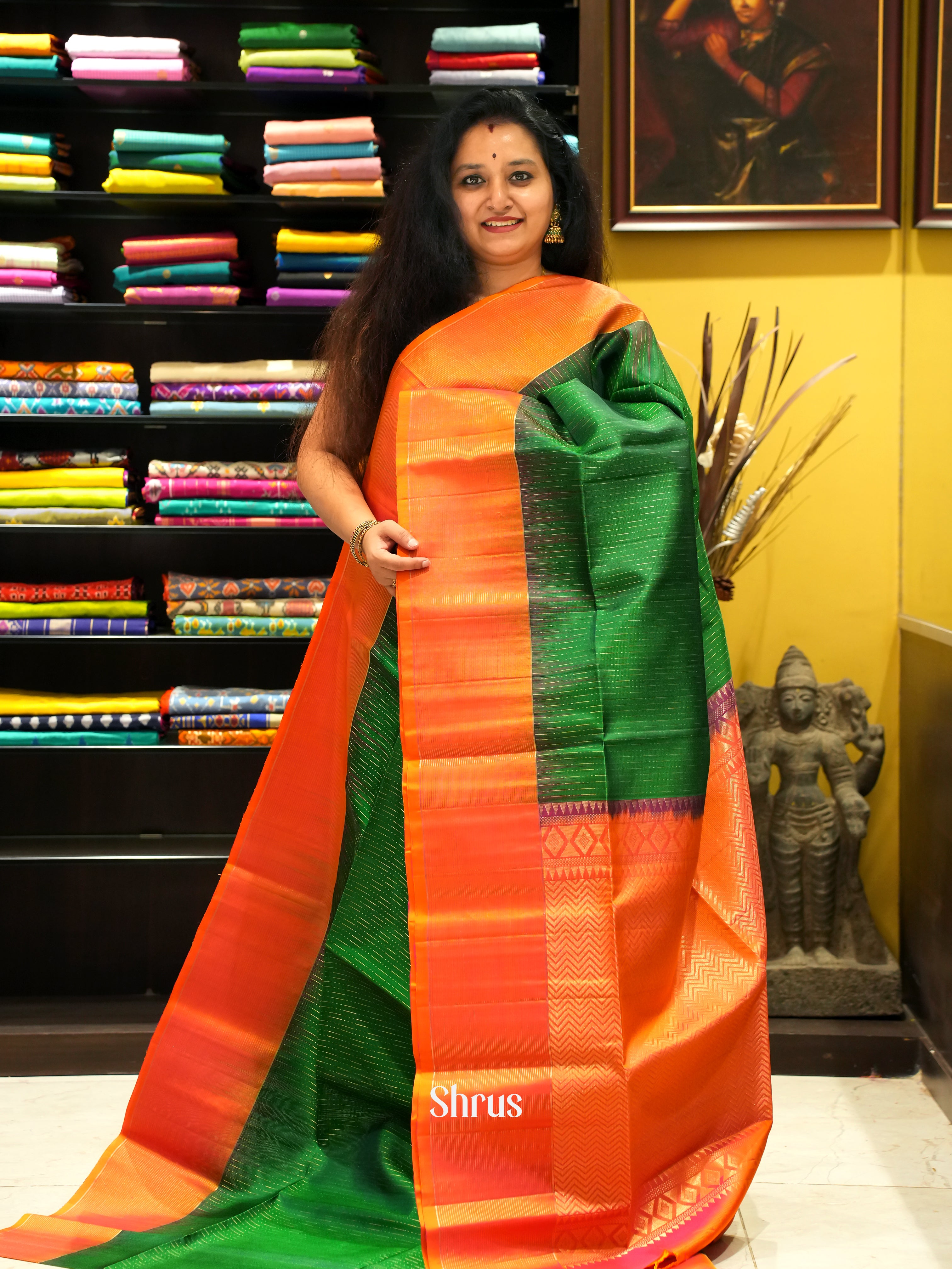 Green & Orange - Soft Silk Saree - Shop on ShrusEternity.com