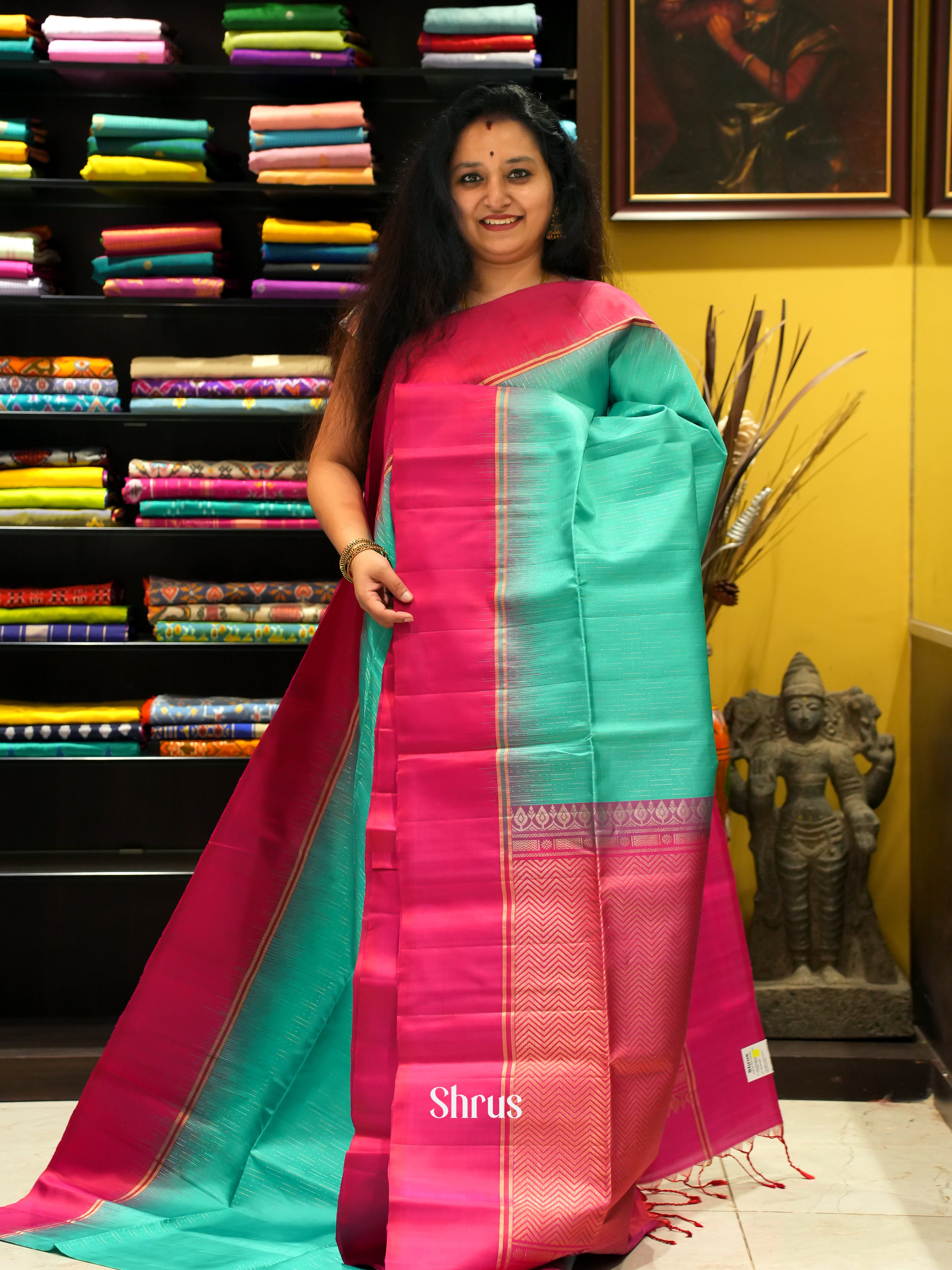 Teal & Reddish Pink - Soft Silk Saree - Shop on ShrusEternity.com